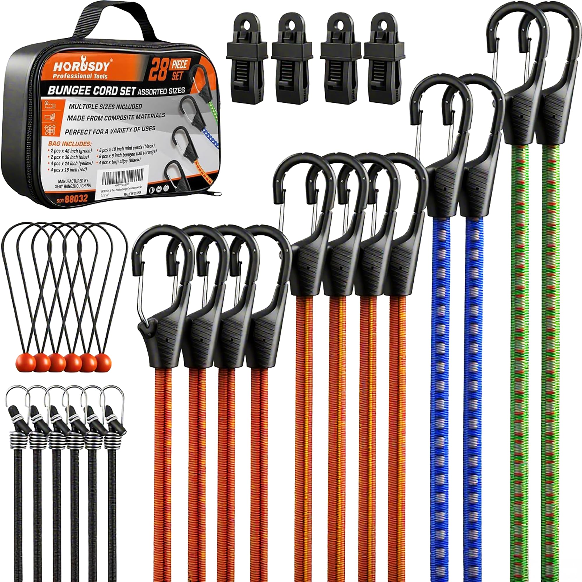 HORUSDY 28-Piece Premium Bungee Cords with Hooks, Includes 10”, 18”, 24”, 36”, 48” Bungee Cords, Bungee Cords Assortment