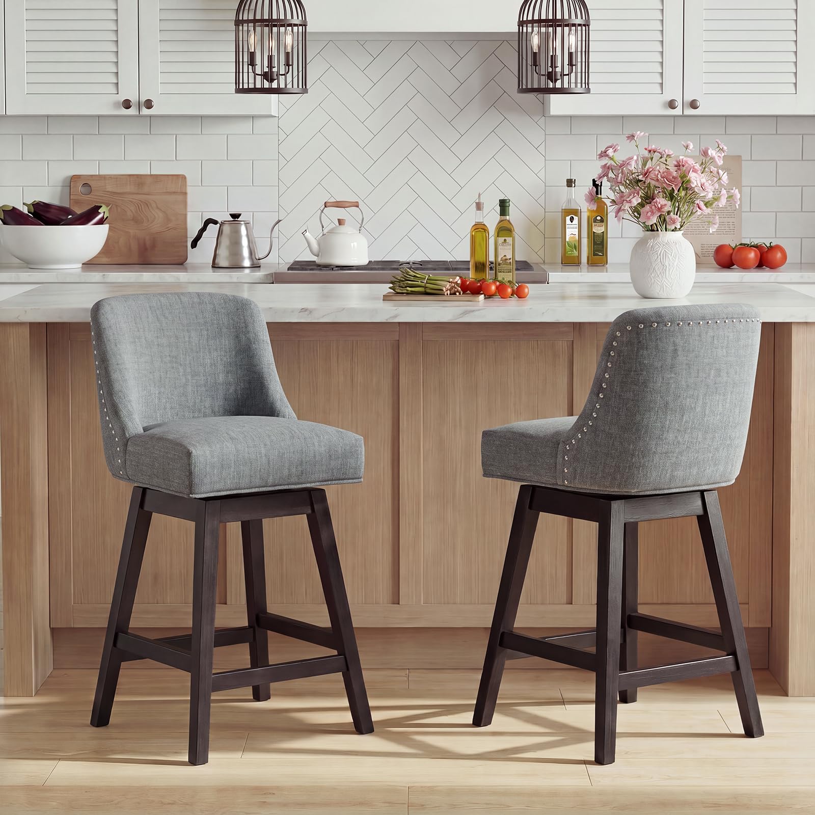 Bar Stools Set of 2, 360° Swivel Upholstered Counter Stools with Back, Wooden Frame Kitchen Bar Chairs with Nailhead Trim, Counter Height for Kitchen Island, Breakfast Bar, Dining Room,Dark Grey