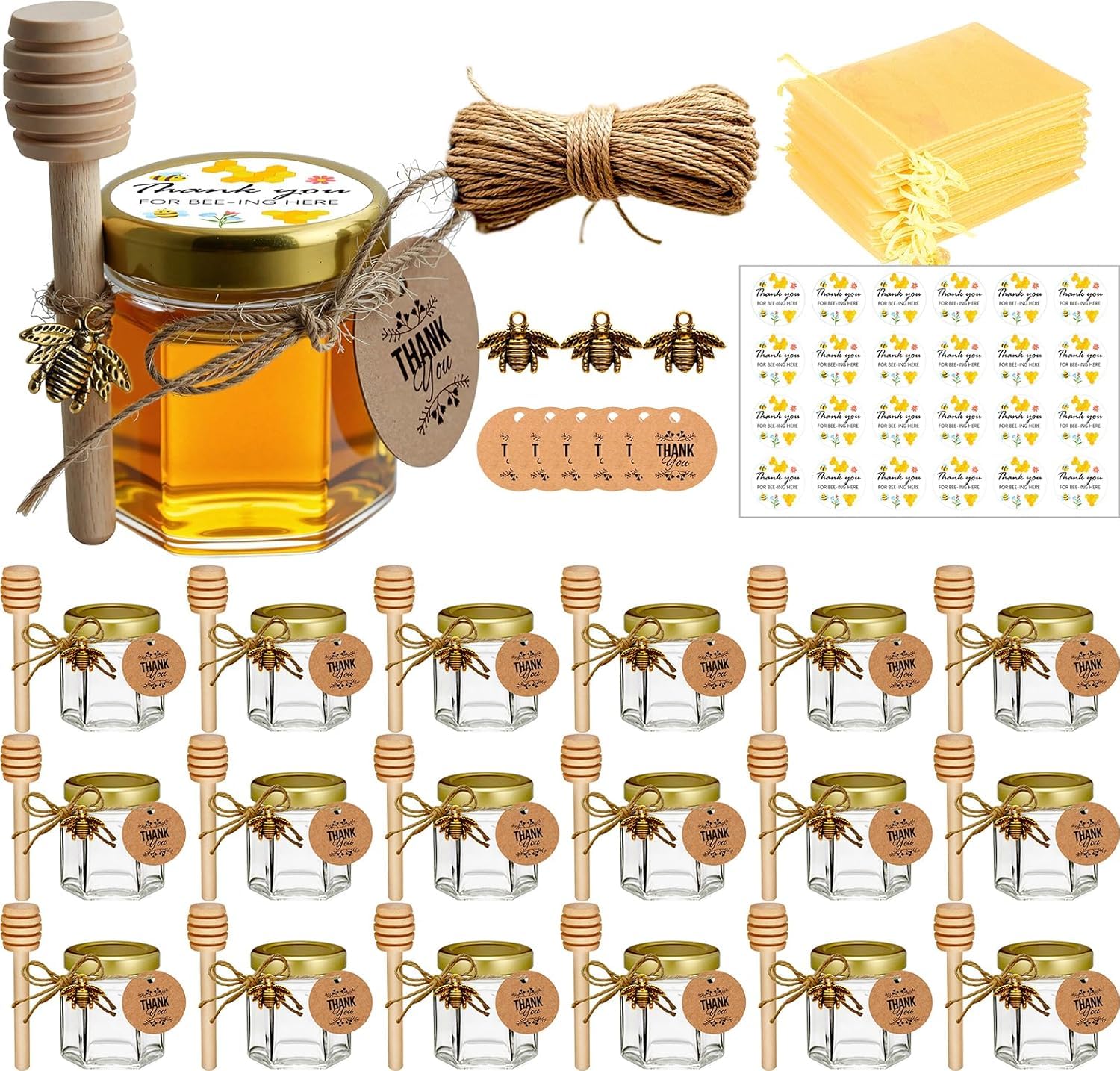 Adabocute Mini Honey Jars - Hexagon Little Glass Honey Jar with Gold Lids, Wooden Dippers, Bee Charms and Jutes - Small Honey Jars for Baby Showers,