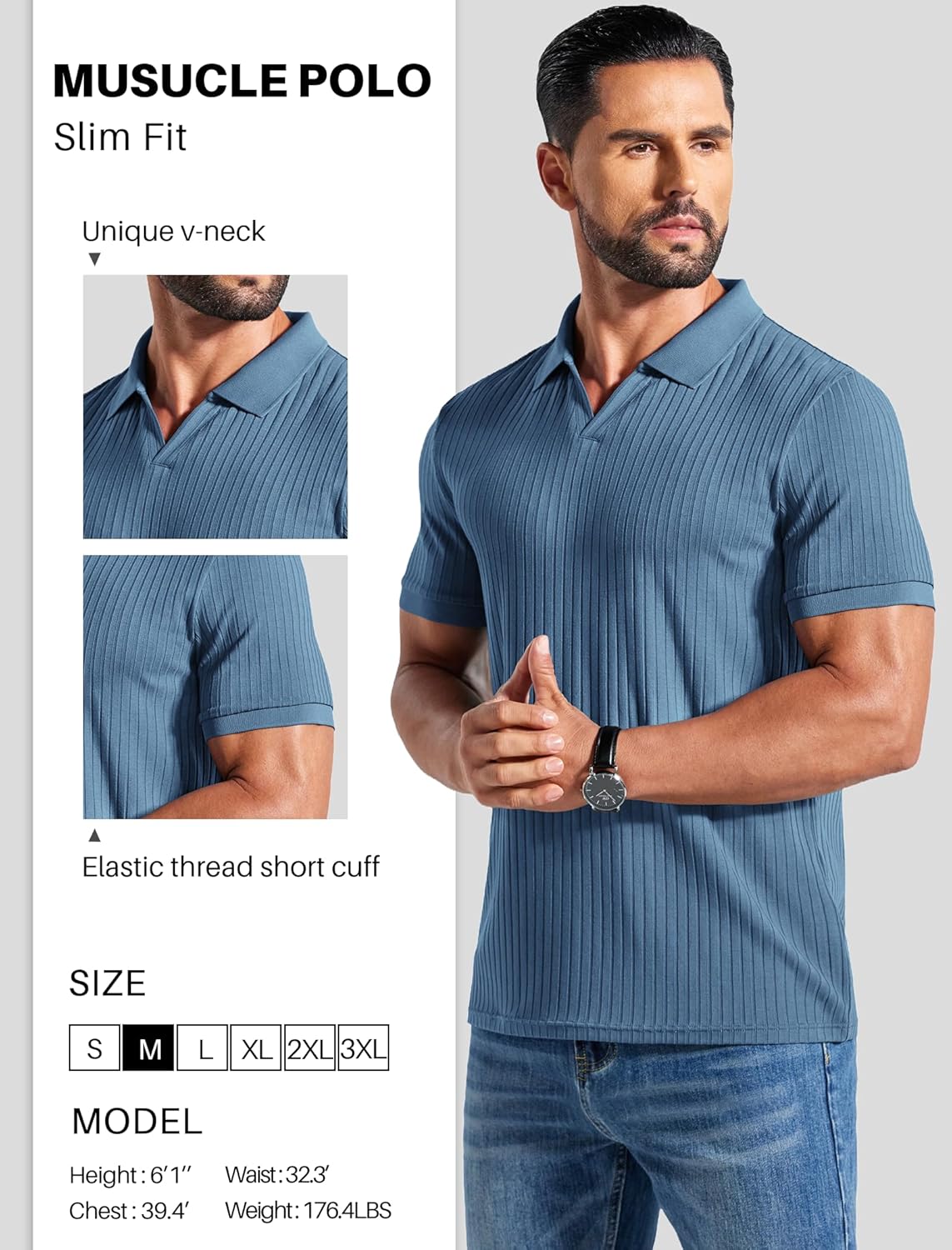 COOFANDY Men's Ribbed Polo Shirts Short Sleeve V Neck Slim Fit Polo T-Shirt Casual Summer Collared Golf Shirt - Image 4