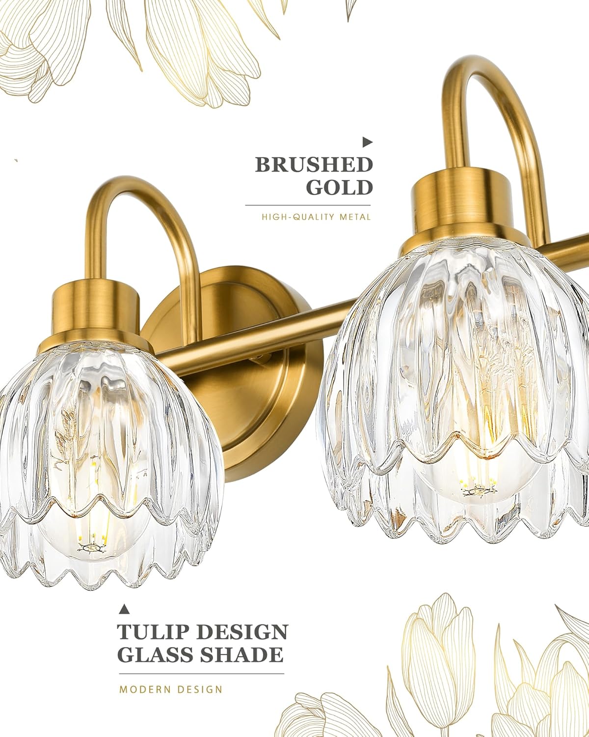 3-Light Bathroom Light Fixtures, 21 Inch Brushed Gold Vanity Lights with Clear Tulip Glass Shade, Champagne Bronze Vanity Lighting Fixtures Over Mirror, E26 Base, ETL Listed, AD-22282-3W-GD-C