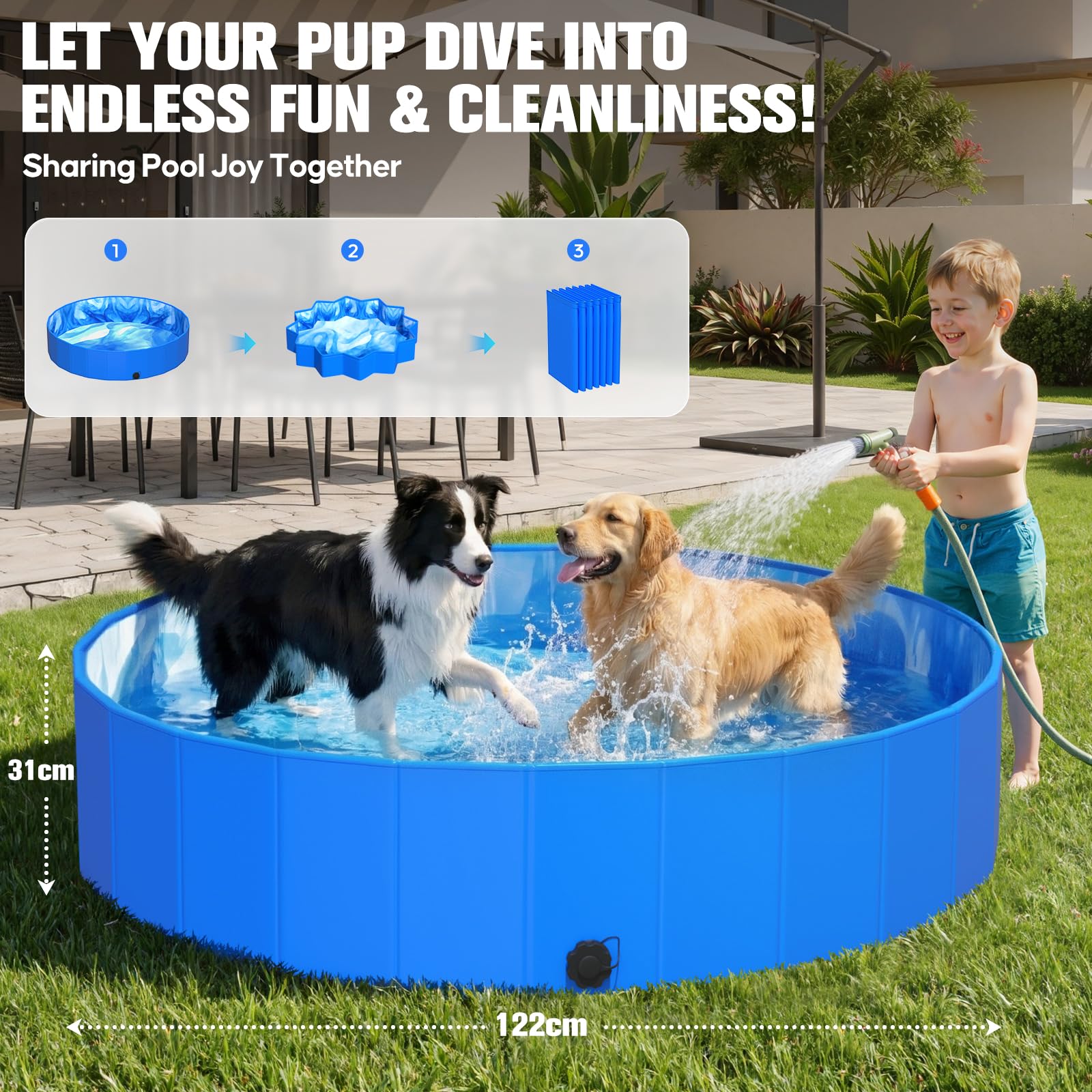 KingSom Hundepool, Hundebadewanne für Große Kleine Hunde, Faltbarer Hund Planschbecken rutschfest, Verdickt Robust Planschbecken Swimmingpool für Kinder, Schnelle Entwässerung Hundepool, 122 x 31 cm