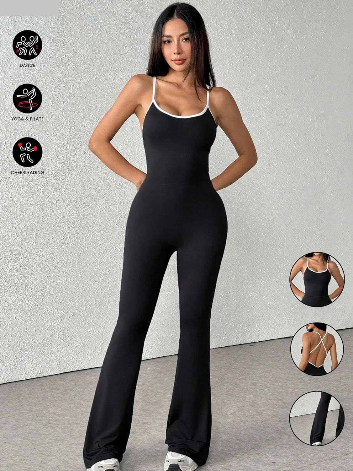 Women’s Ribbed Flare Leg Jumpsuit – One Piece Jumpsuits for Women Flare Workout Jumpsuit Wide Leg Bodysuit Backless - Image 2