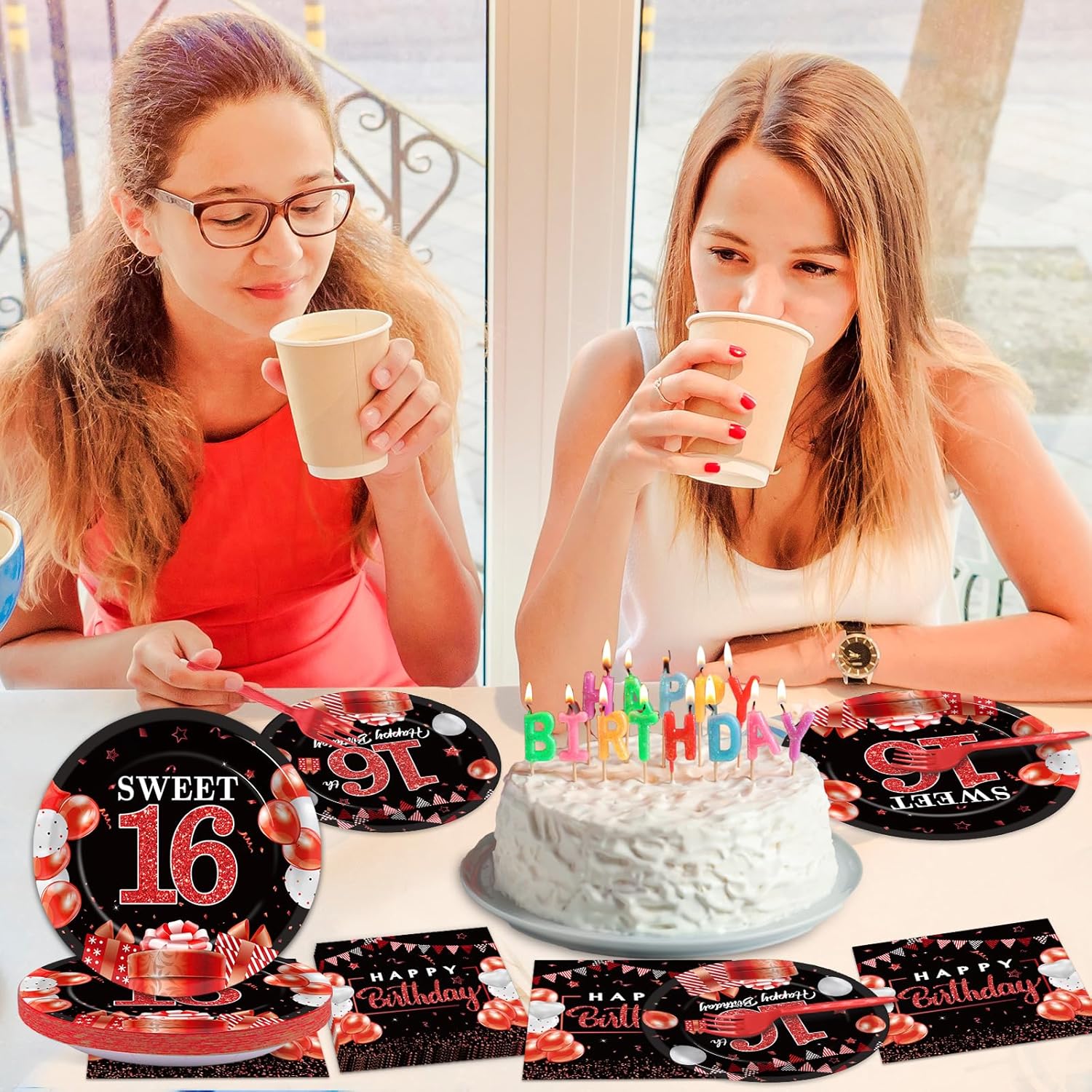 gisgfim 96Pcs 16th Birthday Decorations for Girls Boys Red Silver Sweet 16 Birthday Party Decorations Happy 16th Birthday Plates and Napkins Black and Red 16 Year Old Birthday Decoration for 24 Guests