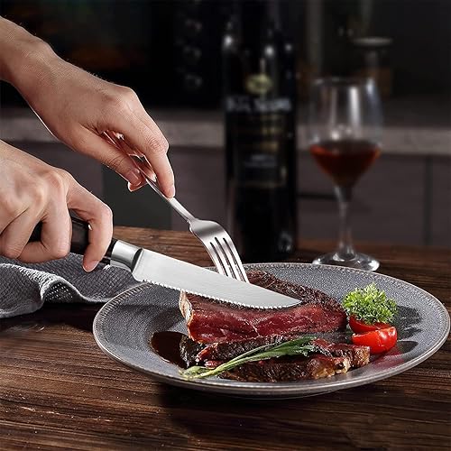 Miniatura 5 de Juego de 8 cuchillos de carne dentados con soporte magnético para cuchillos, cuchillo japonés de acero inoxidable de alto carbono y soporte