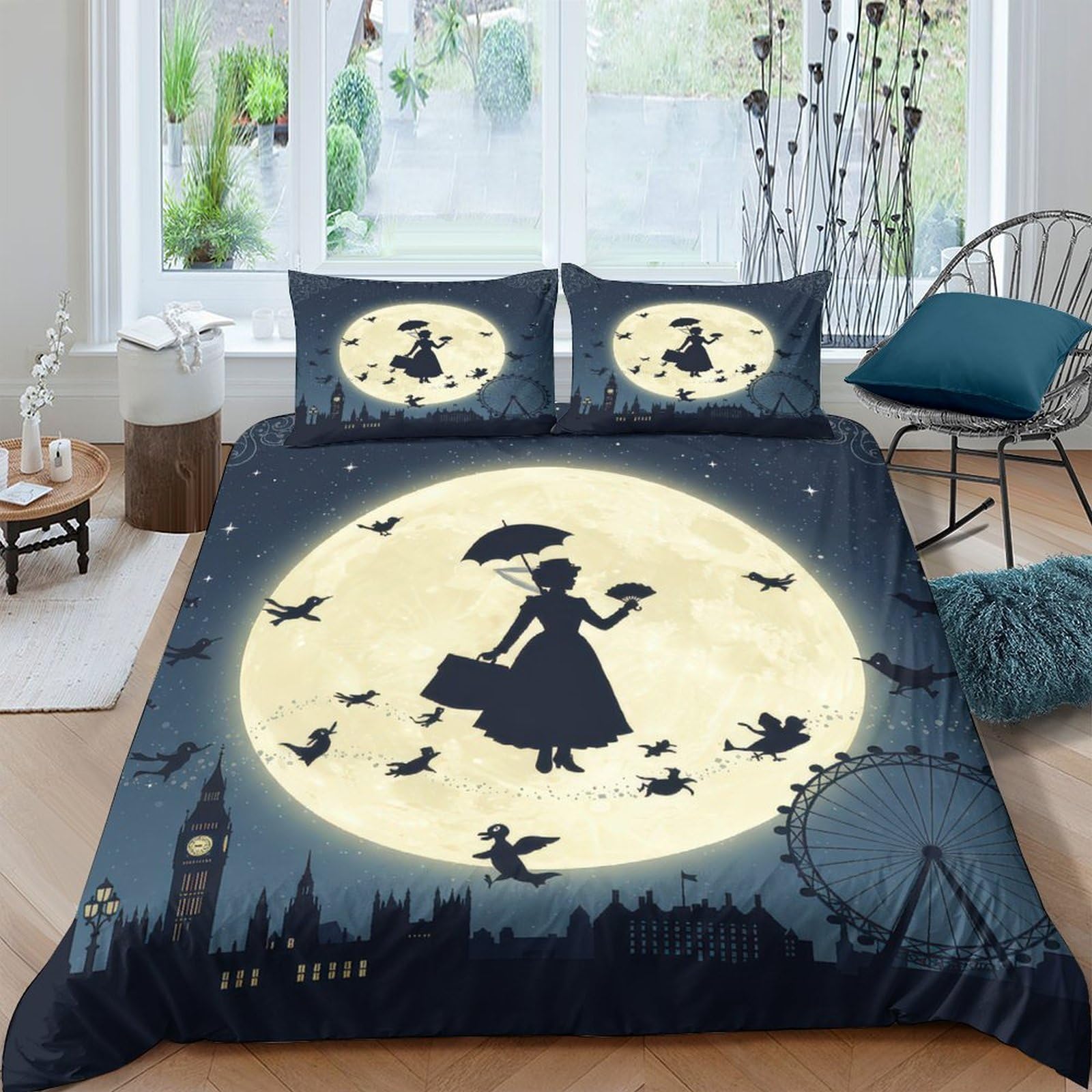 Ctjqhvkz Style-2 3D Printed Moon Silhouette Fitted Sheet Microfiber Soft Washable Birds Night Mattress Cover Bedroom Decor Single（135X200cm）