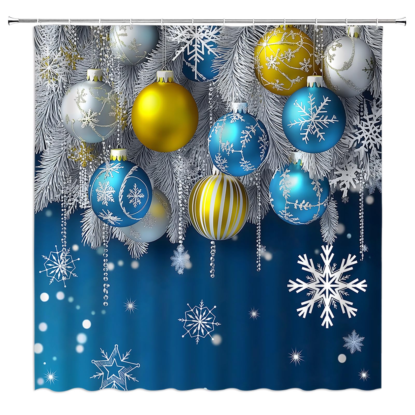KTGHA Merry Christmas Shower Curtain Blue Gold Christmas Ball Snowflake Happy New Year Winter Holiday Fabric Bathroom Decor Set with Hooks(70" WX70 H)