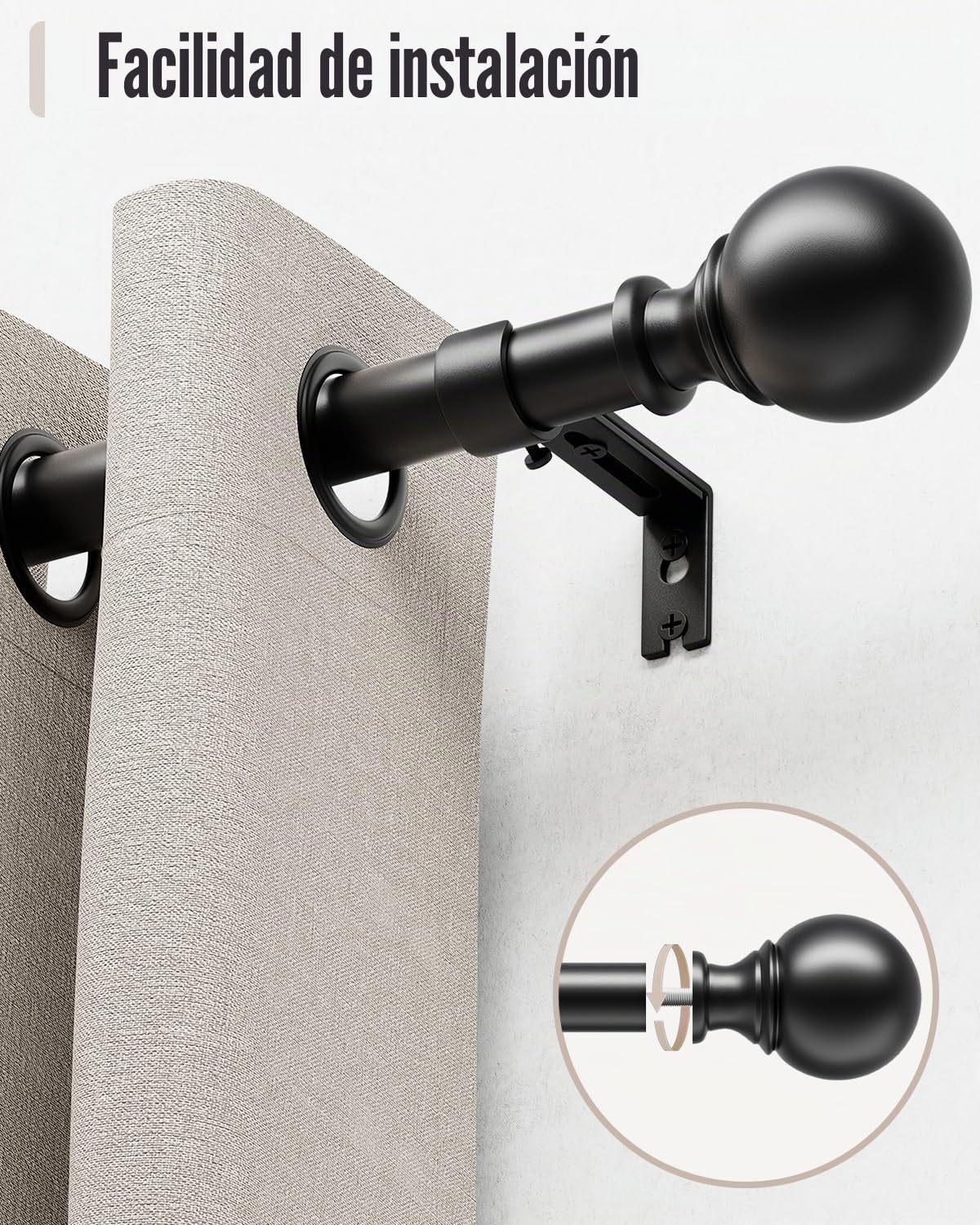 Barra de cortina negra, diámetro de 25 mm, 80-305 cm, barra de cortina de metal con cabezal redondo y 2 soportes para dormitorio, sala de estar, cocina