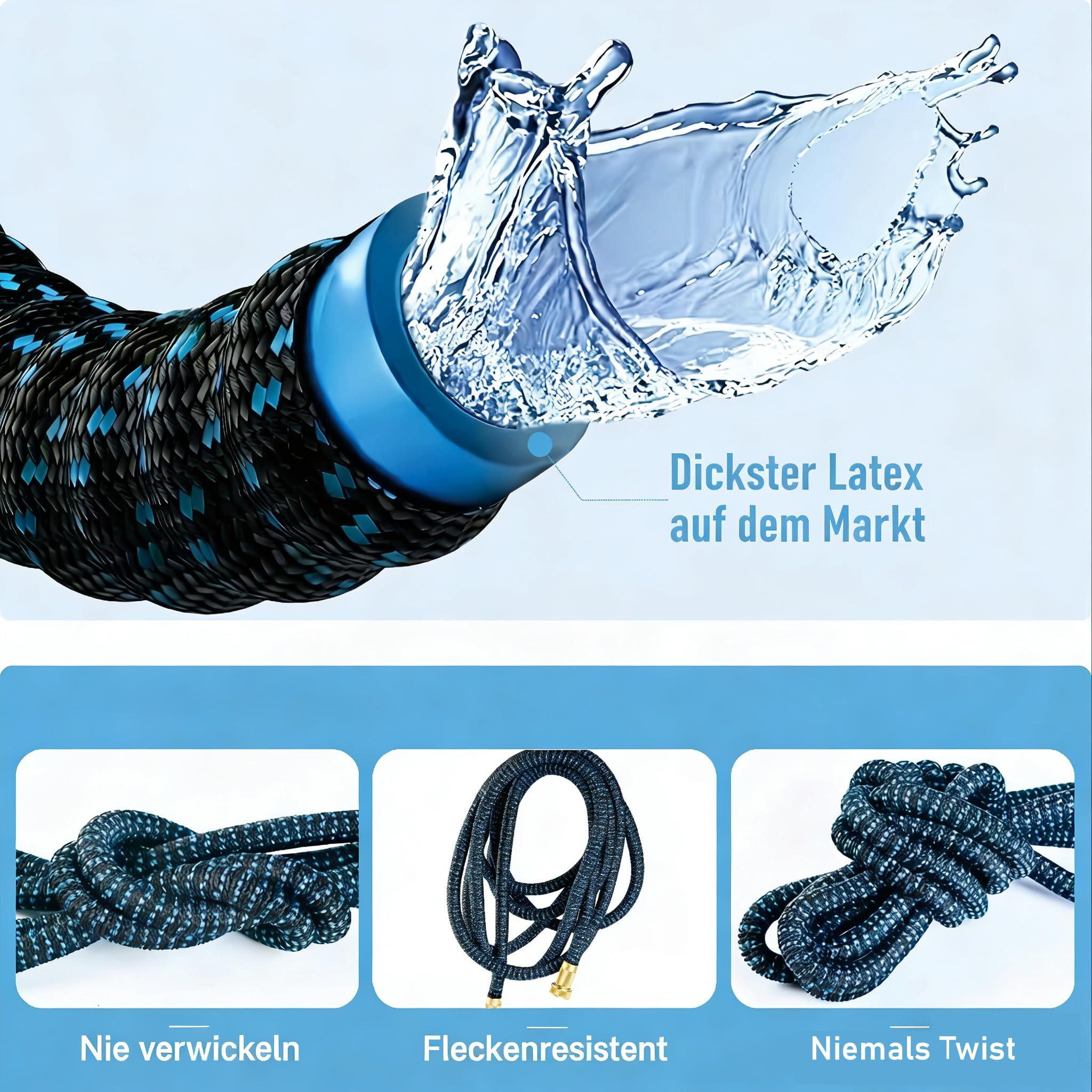 Flexibler Wasserschlauch, Gartenschlauch Flexibel, Bewässerungsschlauch, Dehnbarer Flexschlauc mit 1/2 zoll und 3/4 zoll Messingverschraubungen, 3-Fach Latex Balkonschlauch, Garden Hose (100FT)