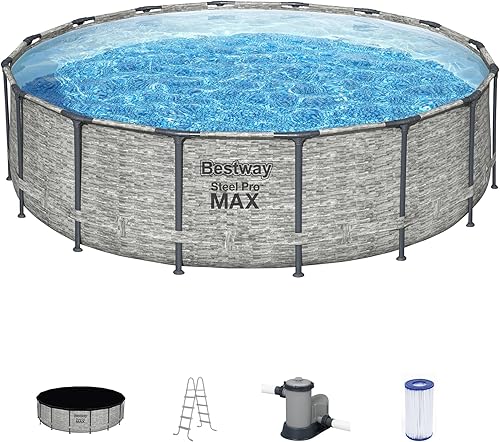 Bestway Steel Pro MAX - Juego de piscina redonda de 16 pies sobre el suelo con cubierta de 3 capas, bomba de 1,500 galones, escalera y cubierta de