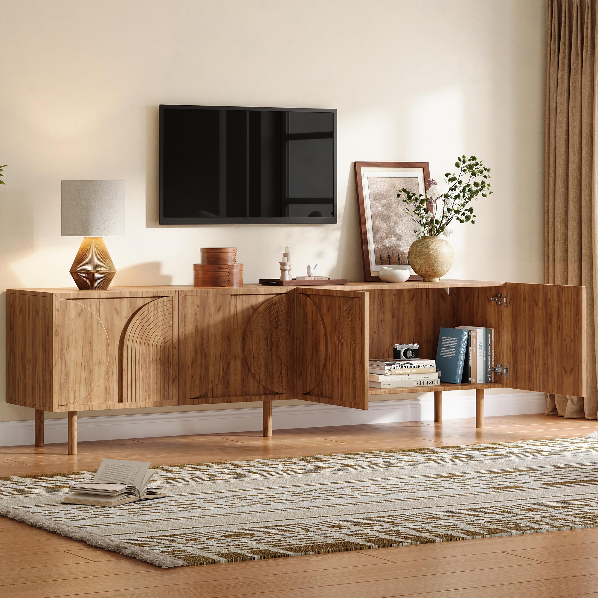 TIZZ Mobile TV da 180 cm, mobile basso con 4 ante, 2 scomparti, tavolino per TV da 75 pollici, moderno, con ampio spazio per il soggiorno, design 3D in rilievo, colore legno, 180 x 38 x 56,5 cm