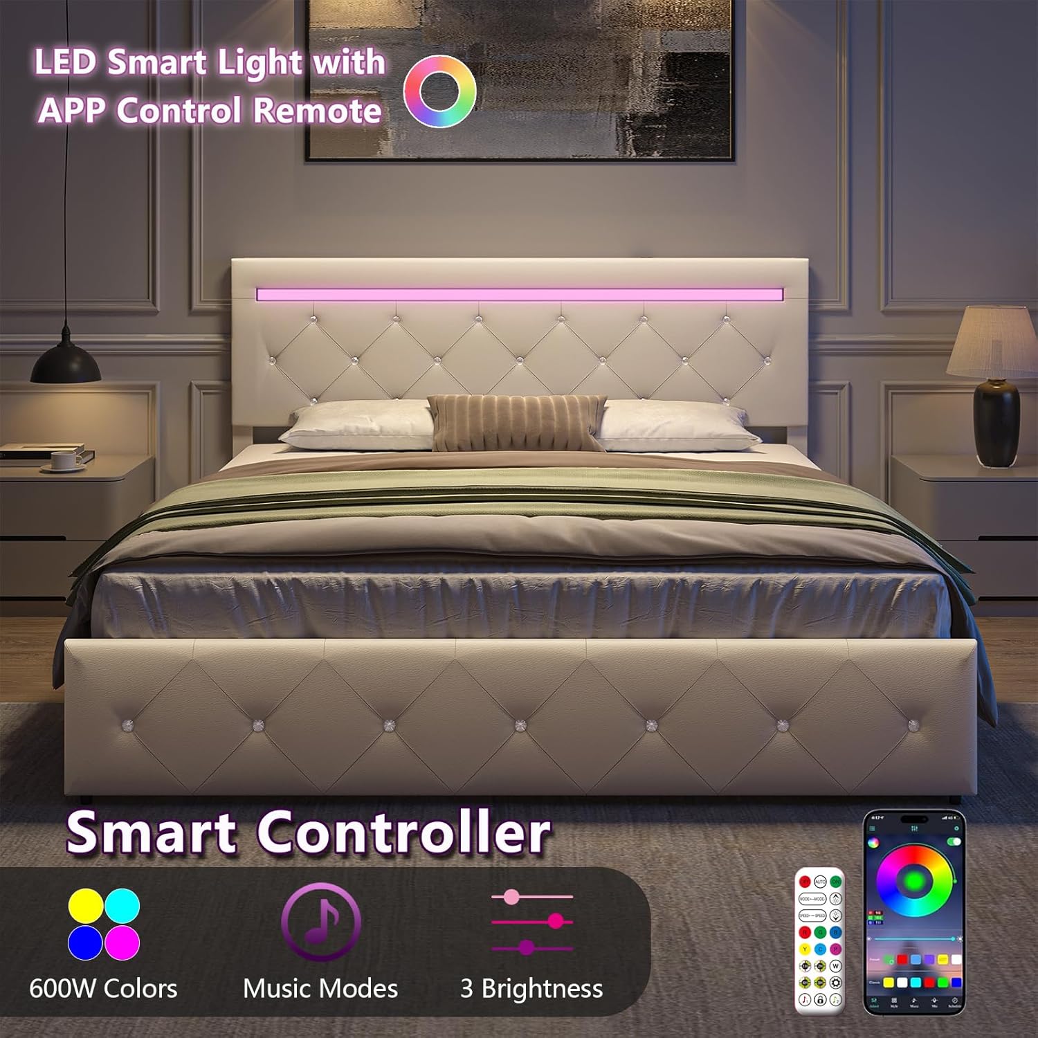 Full Size Bed Frame with 4 Drawers and LED Light, Charge Station, PU Leather Upholstered Platform Storage Bed with Adjustable Headboard, Wooden Slats Support, No Box Spring Needed, White