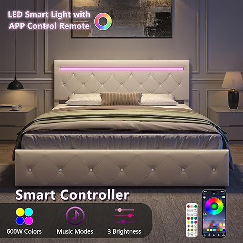 Miniatura 3 de Queen Size Bed Frame with 4 Drawers and Adjustable LED Headboard, PU Leather Upholstered Platform Storage Bed with Charging Station, Wooden Slats