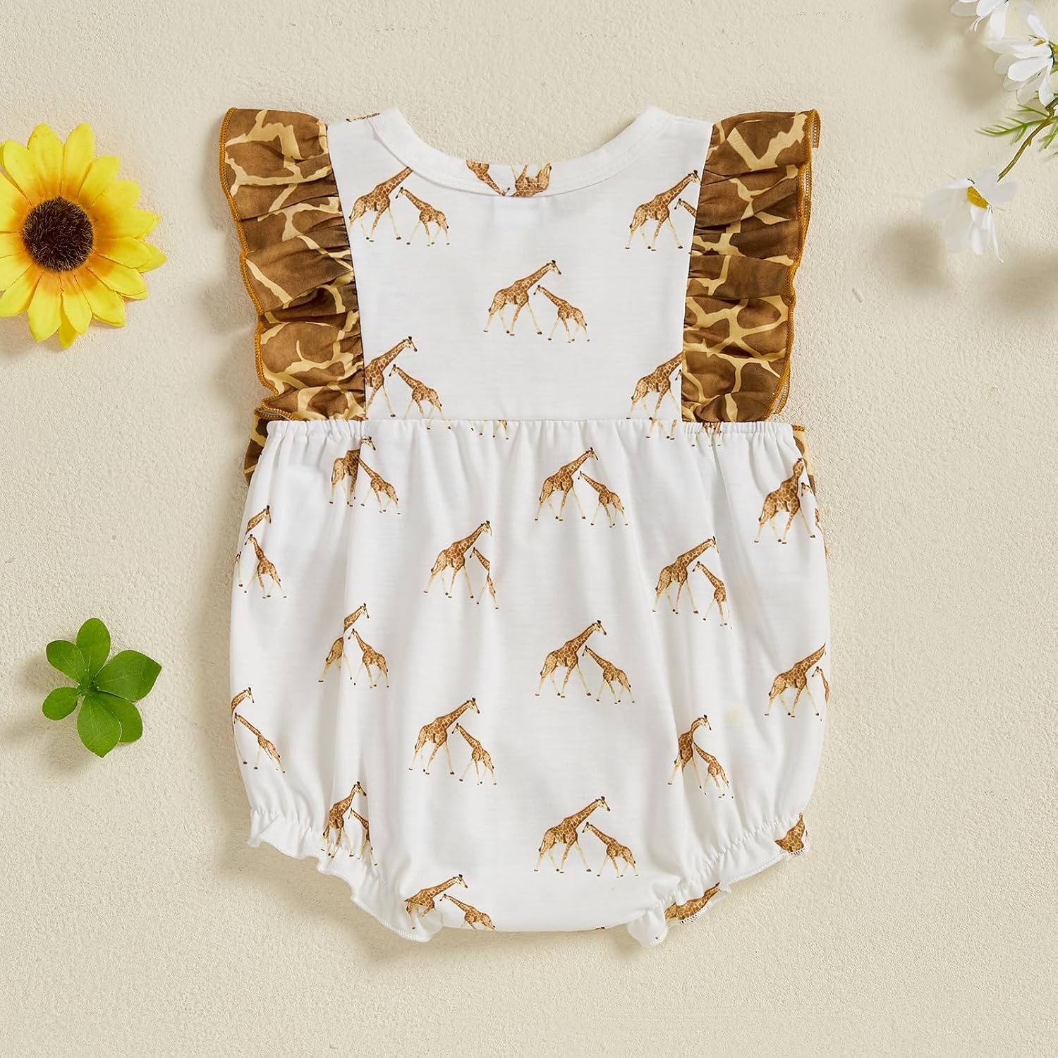 Newborn Baby Girl Zoo Animal Outfit Giraffe Print Ruffle Sleeveless Bubble Romper Infant Bodysuit Cute Summer Clothes