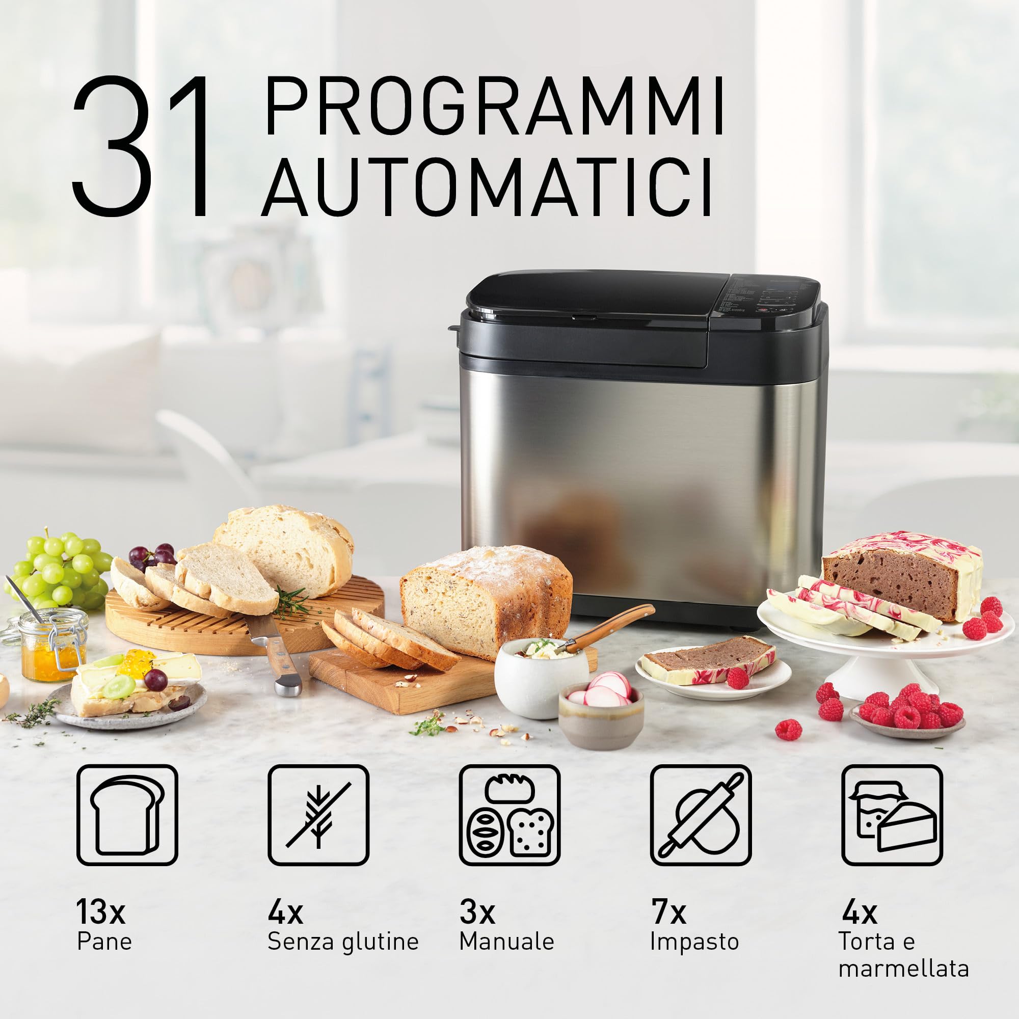 Panasonic SD-YR2550SXE Macchina per il Pane, 31 Programmi Cottura, Dispenser per Lievito, Uvetta e Frutta Secca, Timer Digitale da 13 Ore, per Dolci, Pizza, Marmellate, Brioche e Gluten Free