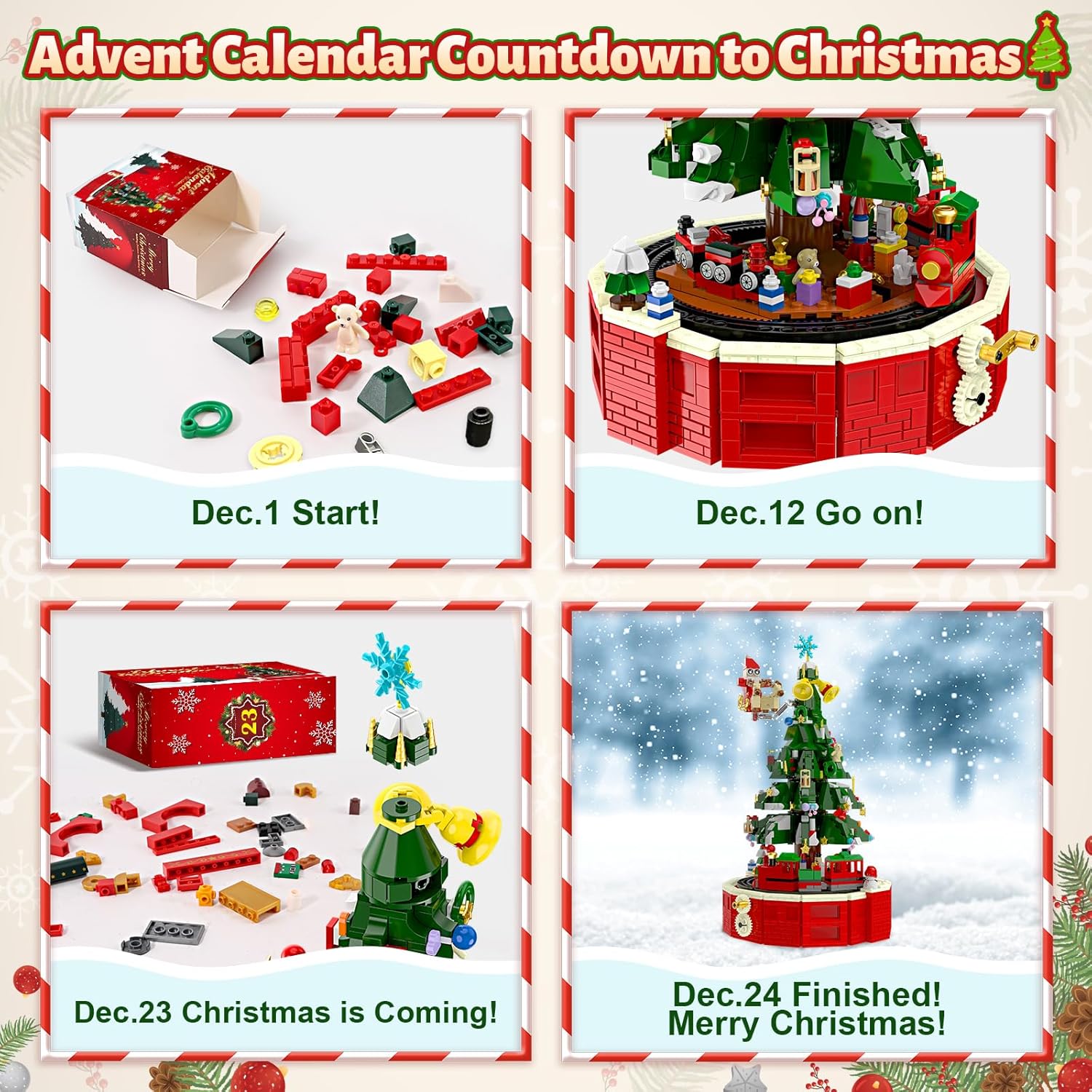 Four images showing the daily progression of building the OCHIDO Advent Calendar Christmas tree, from Day 1 to Day 24.