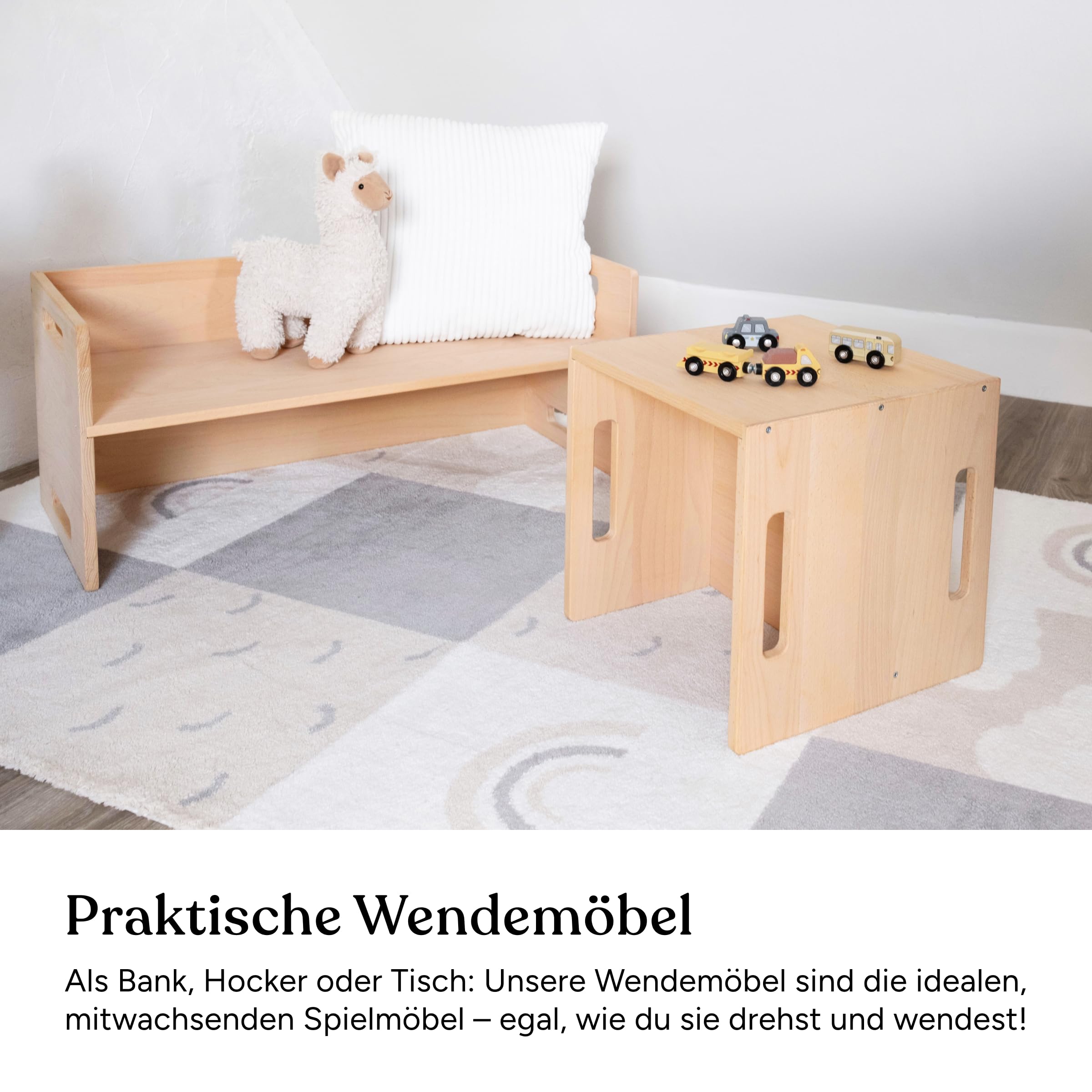 Ehrenkind® Wendebank Kinder, Montessori Sitzbank und Kindertisch 3in1, drehbar für Verschiedene Sitzhöhen, Kinderbank massiv, FSC® Buchenholz