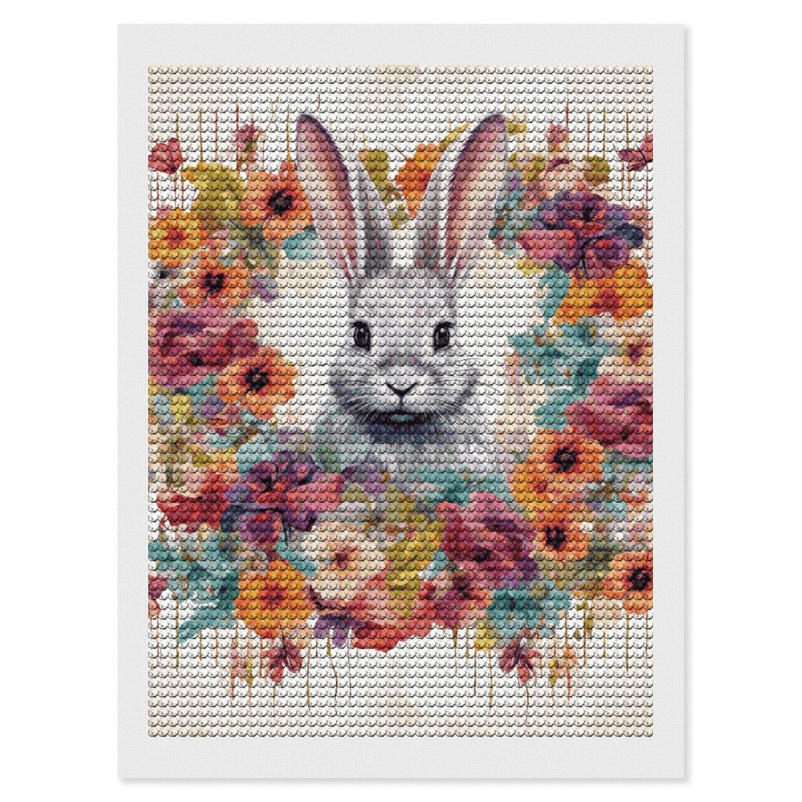 DWVTSLH Watercolor Rabbit and Flowers Diamond Painting Kits for Adults, Personalized Diamond Photo Art Full Drill, DIY 5D Diamond Art Painting Kits for Beginners, Home Wall Decor 12"x16"