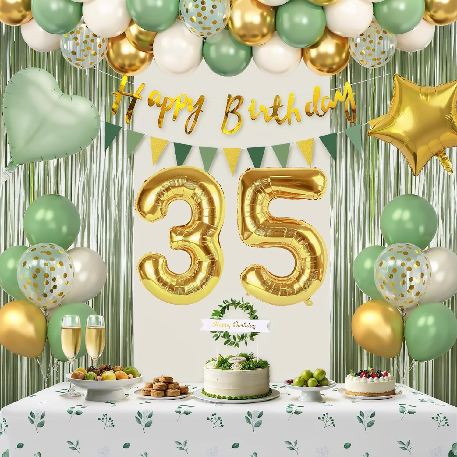 Sage Green 35th Birthday Decorations for Women, Happy 35th Birthday Decorations for Her, Green Gold Balloons, Foil Balloons, Happy Birthday Banner, Olive Neutral Birthday Party Supplies