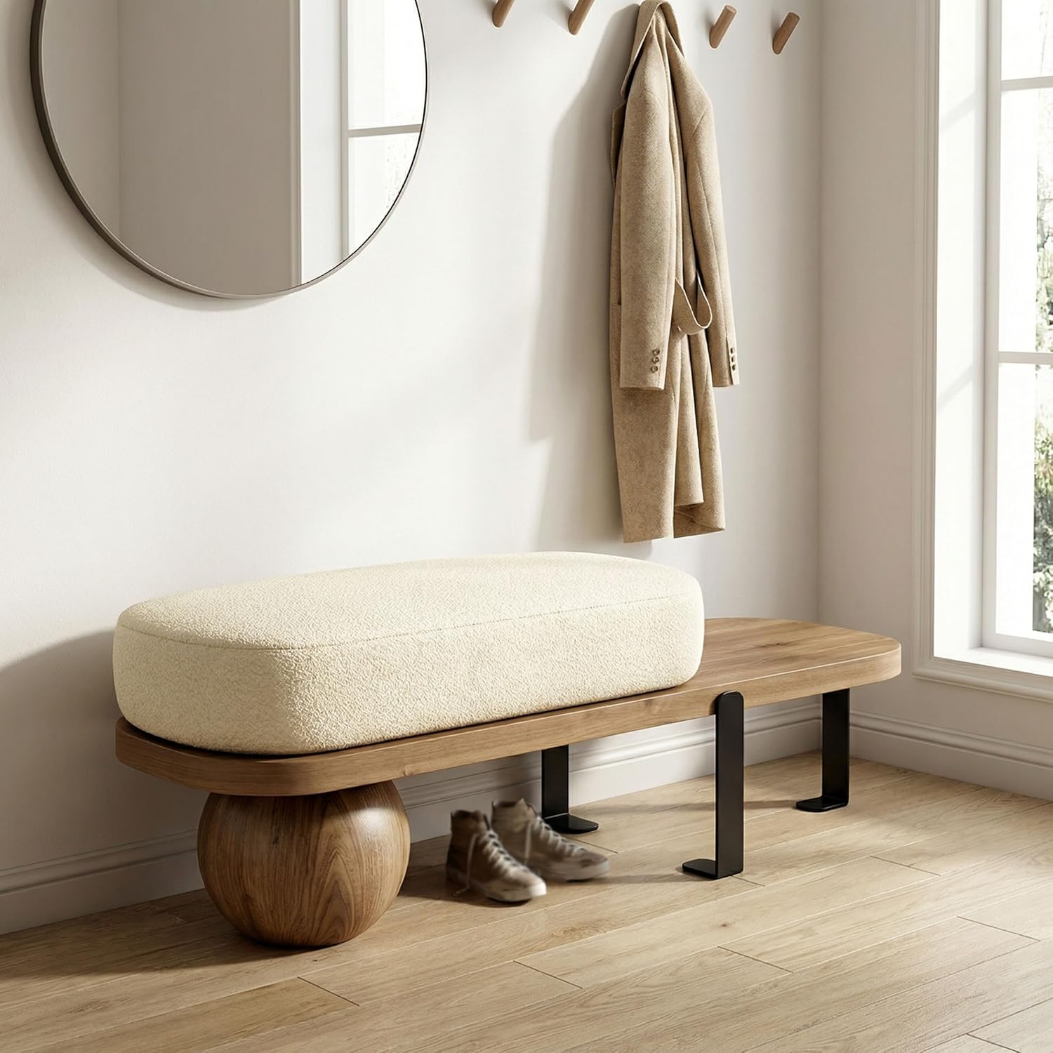 Wooden Boucle Bench with Abstract Metal Leg, Modern Entryway Bench, Upholstered End of Bed Bench,Shoe Changing Bench for Entryway Livingroom Bedroom (120cm/47.2")