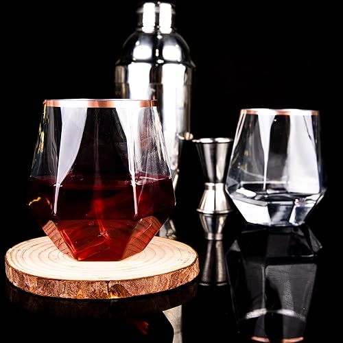 Miniatura 6 de LUODA Paquete de 32 copas de vino con diamantes de oro rosa, copa de vino con borde de oro rosa de 12 onzas, vasos de whisky desechables de plástico