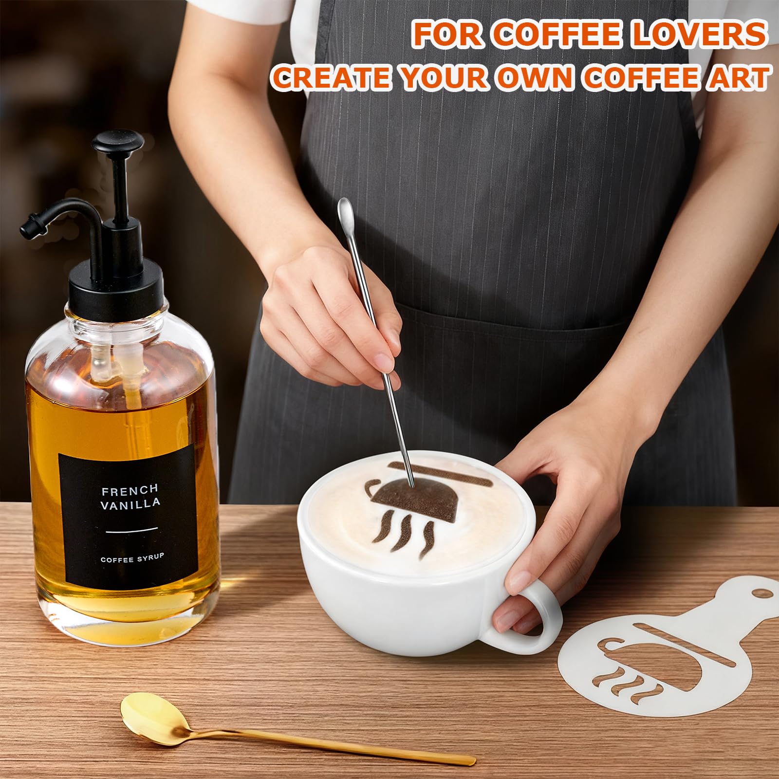 Dispenser per sciroppo di caffè per bar, Dispenser per sciroppo di vetro con pompa, Dispenser per sciroppo di caffè Bottiglia con vassoio, Cucchiaio per stazione caffè, Organizzatore per bar