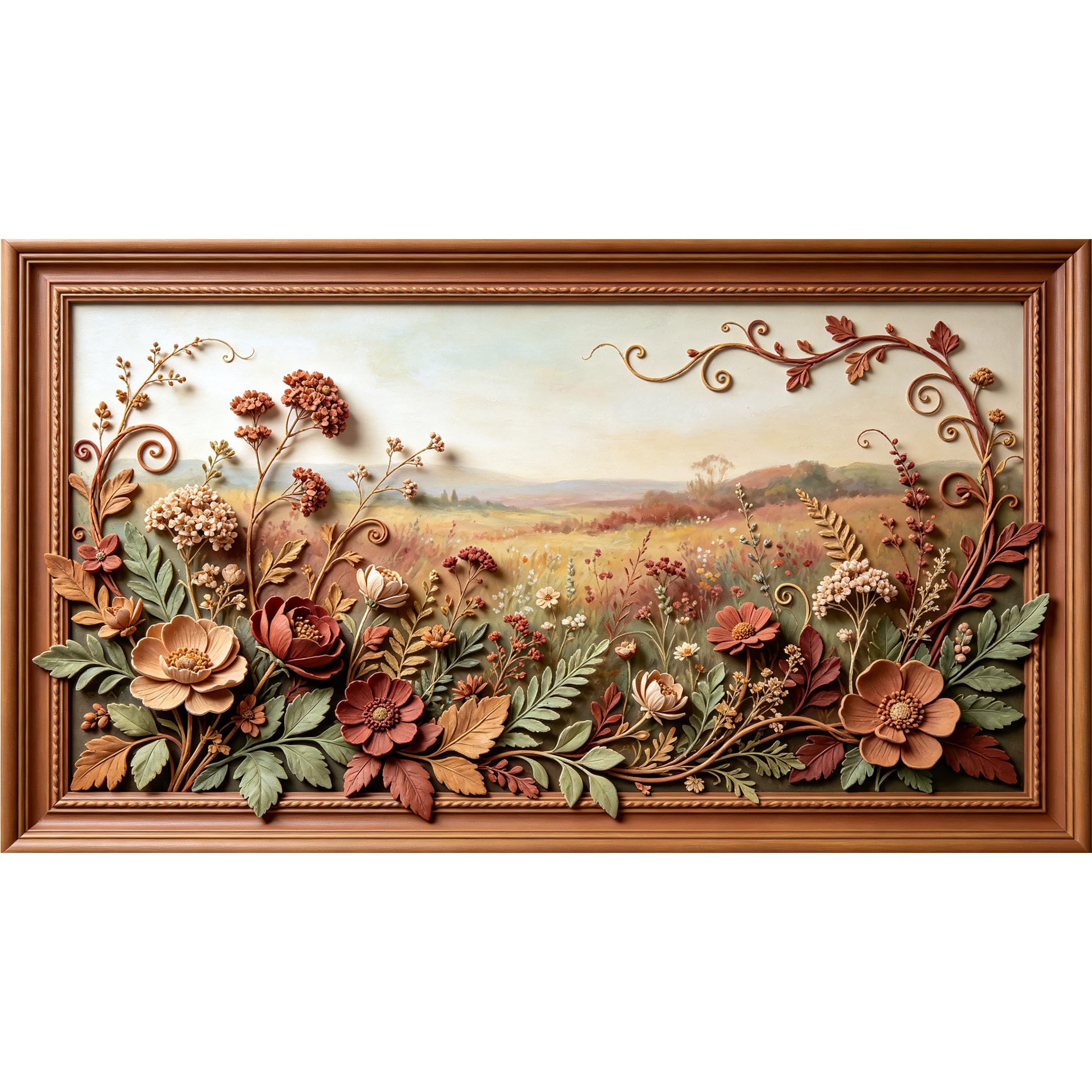 QZLITHOTIC 50×90cm3D Framed Wall Art， Botanical Meadow Landscape SelfActivated Mural， WaterActivated Peel & Stick Fabric Decor Wall Decal for Bedroom Living Room
