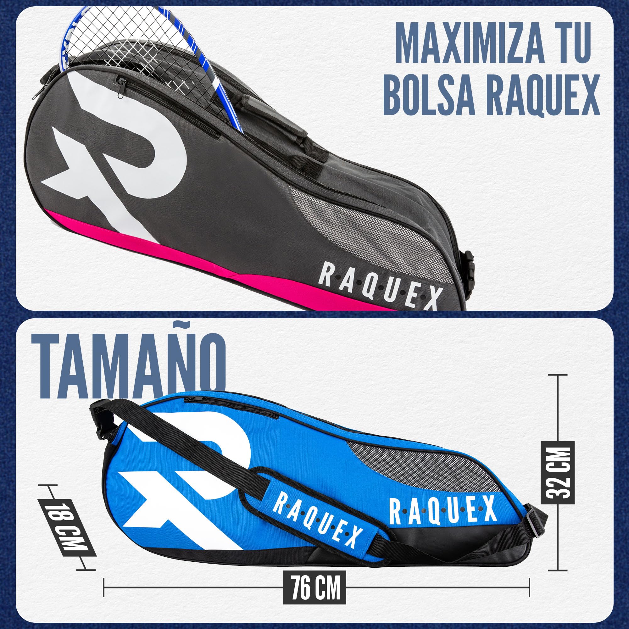Raquex Bolsa para Raquetas : Tenis, Bádminton y Squash. Azul/Negro/Magenta. con Capacidad para hasta 6 Raquetas, Accesorios y Zapatillas