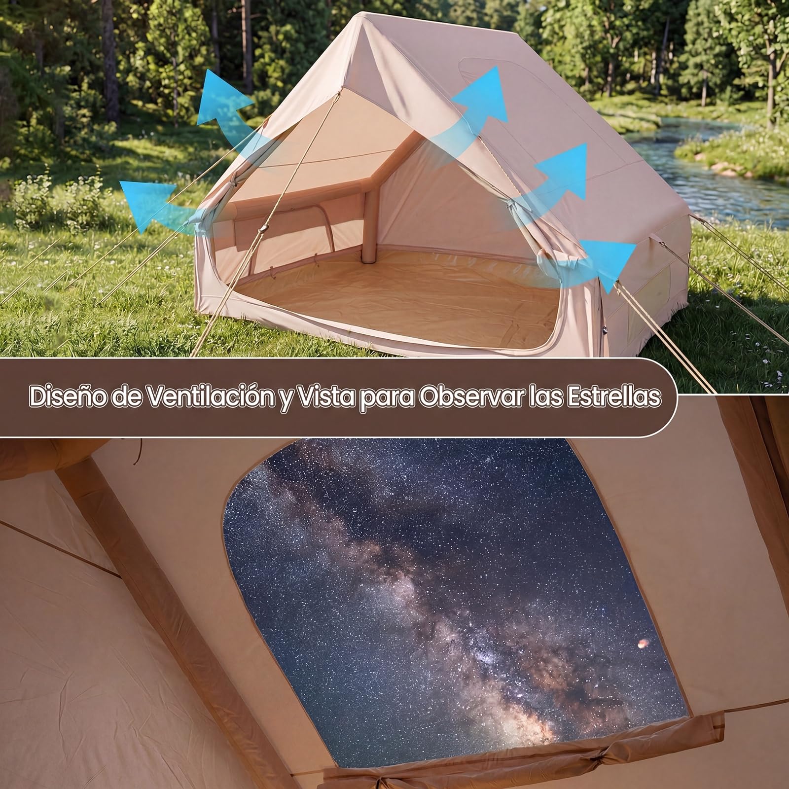 COSTWAY Tienda de Campaña Inflable con Claraboya, Tienda Glamping Familiar para 4 Personas con Puertas, Ventanas de Malla, Bomba de Aire, Bolsa de Transporte, Carpa Camping Exterior para 4 Estaciones