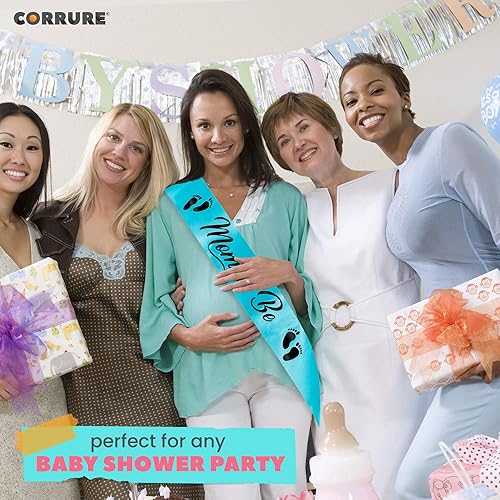 Miniatura 7 de CORRURE Baby Shower Mom to Be - Faja para niño o niña - Hermosa cinta azul y texto de lámina negra - Revelación de género ideal recuerdos de baby
