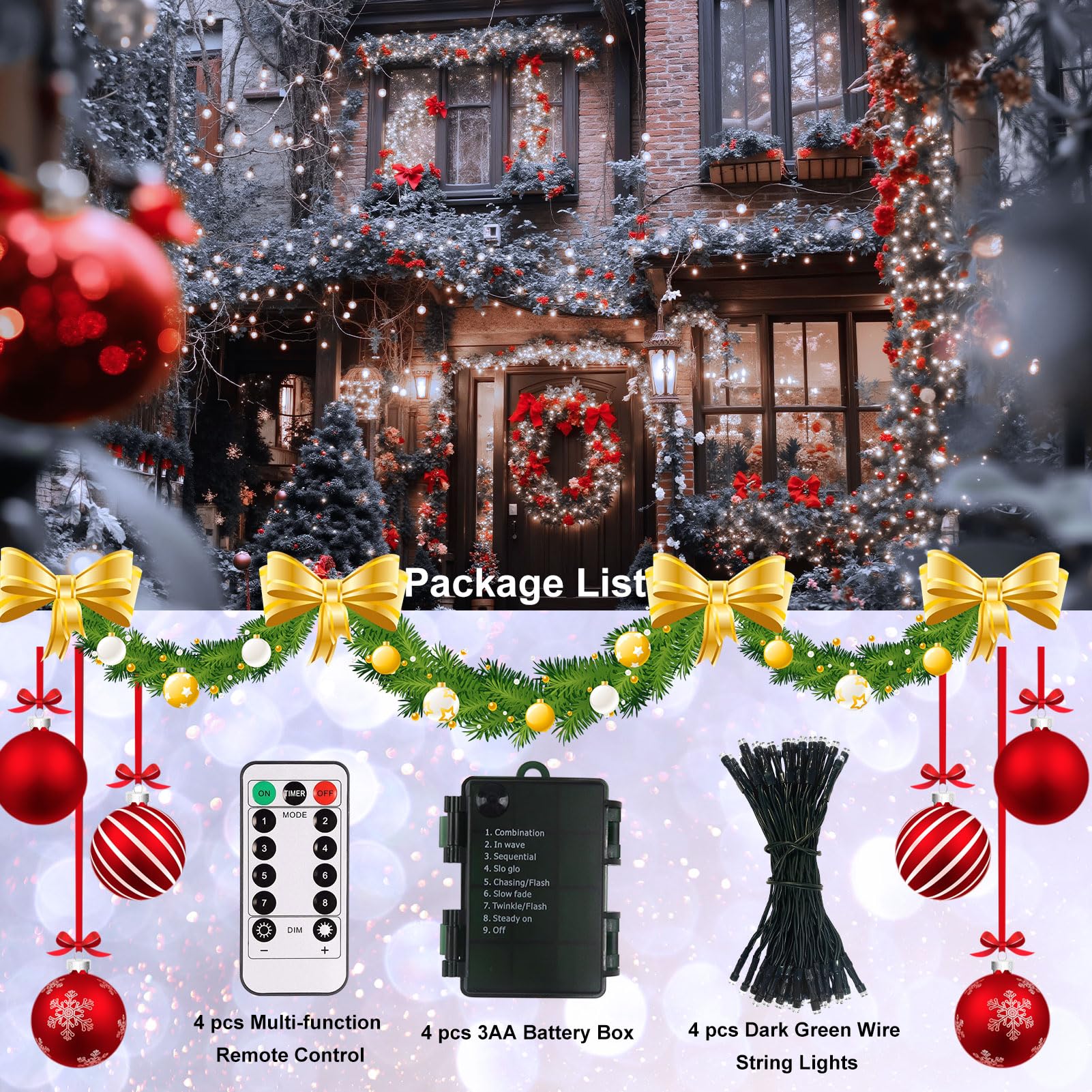 Paquete de 4 luces de cadena para exteriores que funcionan con pilas, cable verde oscuro de 5 m, 50 LED con temporizador remoto, luces centelleantes para la habitación de Navidad (blanco frío)