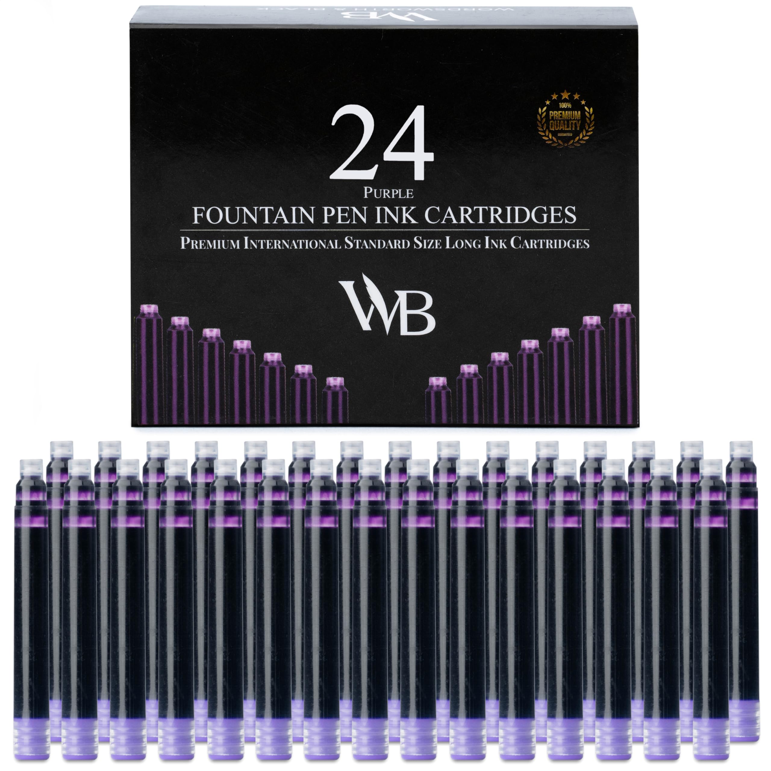 Wordsworth & Black 24 Pack Fountain Pen Ink Refills, Set of 24 Purple Ink Cartridges, International Standard Size