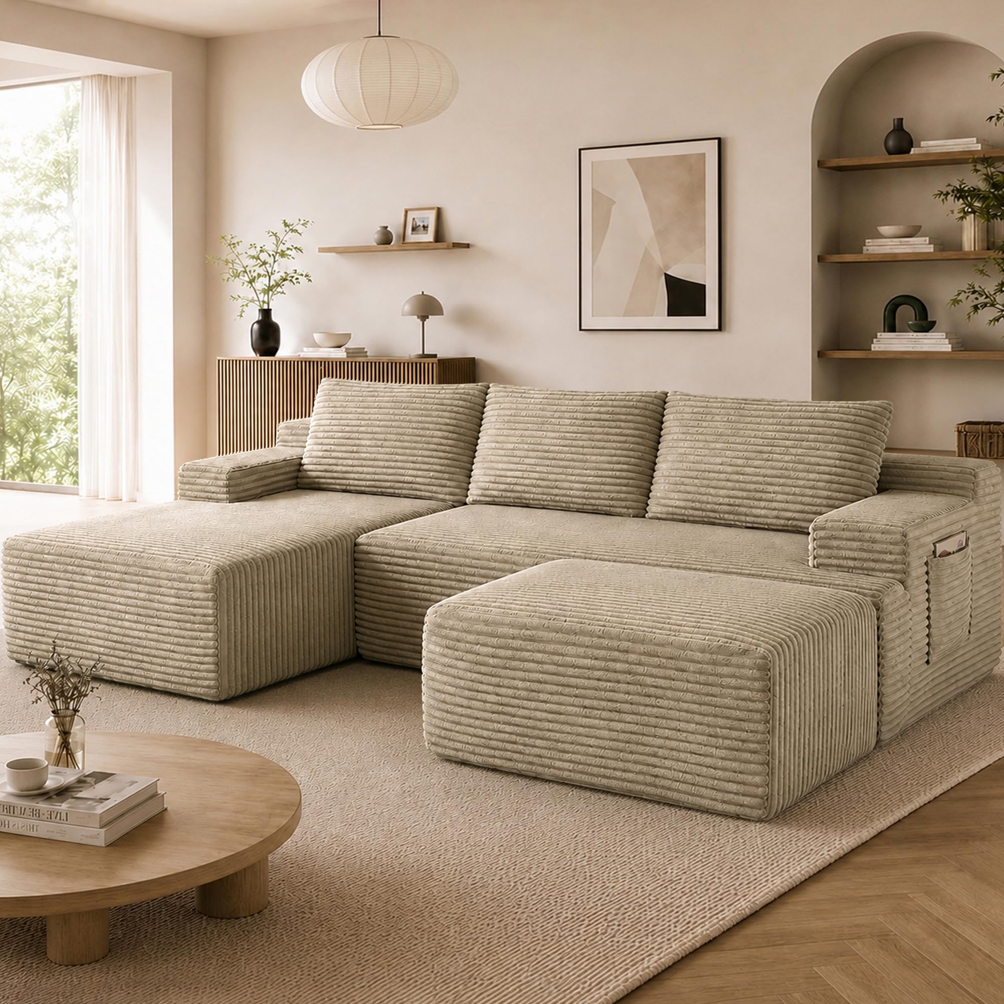 Boneless Couch, Modular Sectional Couches for Living Room, U-Shaped Cloud Couch Sofa with Deep Seat, Fluffy Corduroy Upholstered Corner Sofa