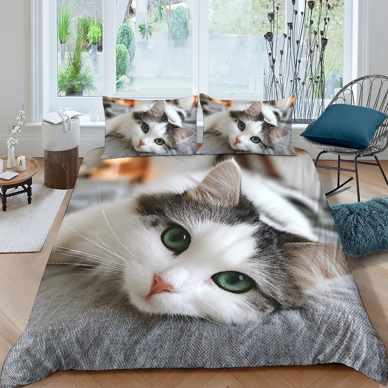 P5V6M1Q9 3D Printed Cat Portrait Duvet Cover Set Microfiber Soft Breathable Kitten Face Bedding Set with 2 Pillowcases for Bedroom Decor Single（135x200cm）