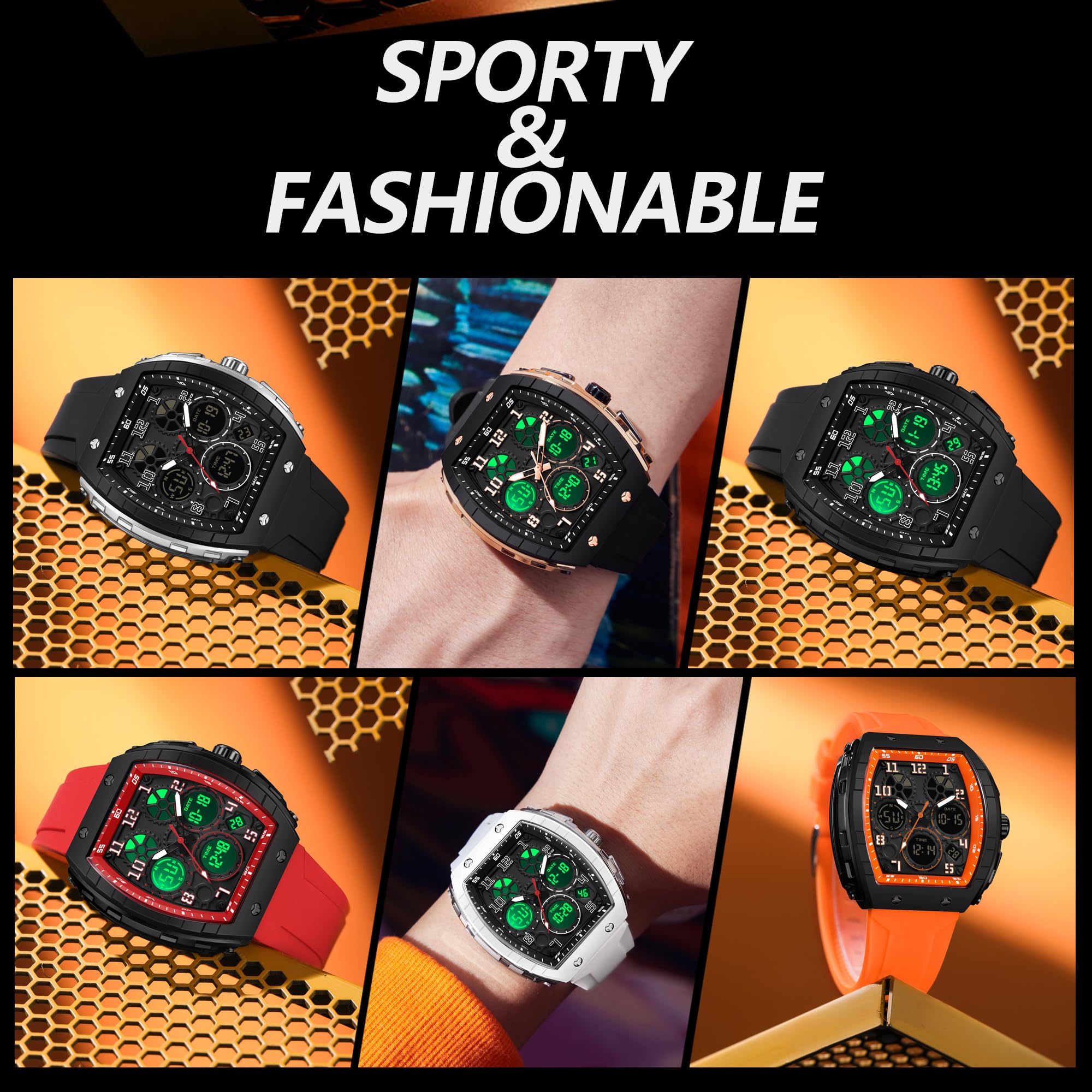 findtime Relojes únicos para Hombre, Reloj Digital Resistente al Agua, Reloj Deportivo con Alarma, cronómetro, diseño Punk, analógico, Calendario, Doble visualización de Hora, Correa de Silicona
