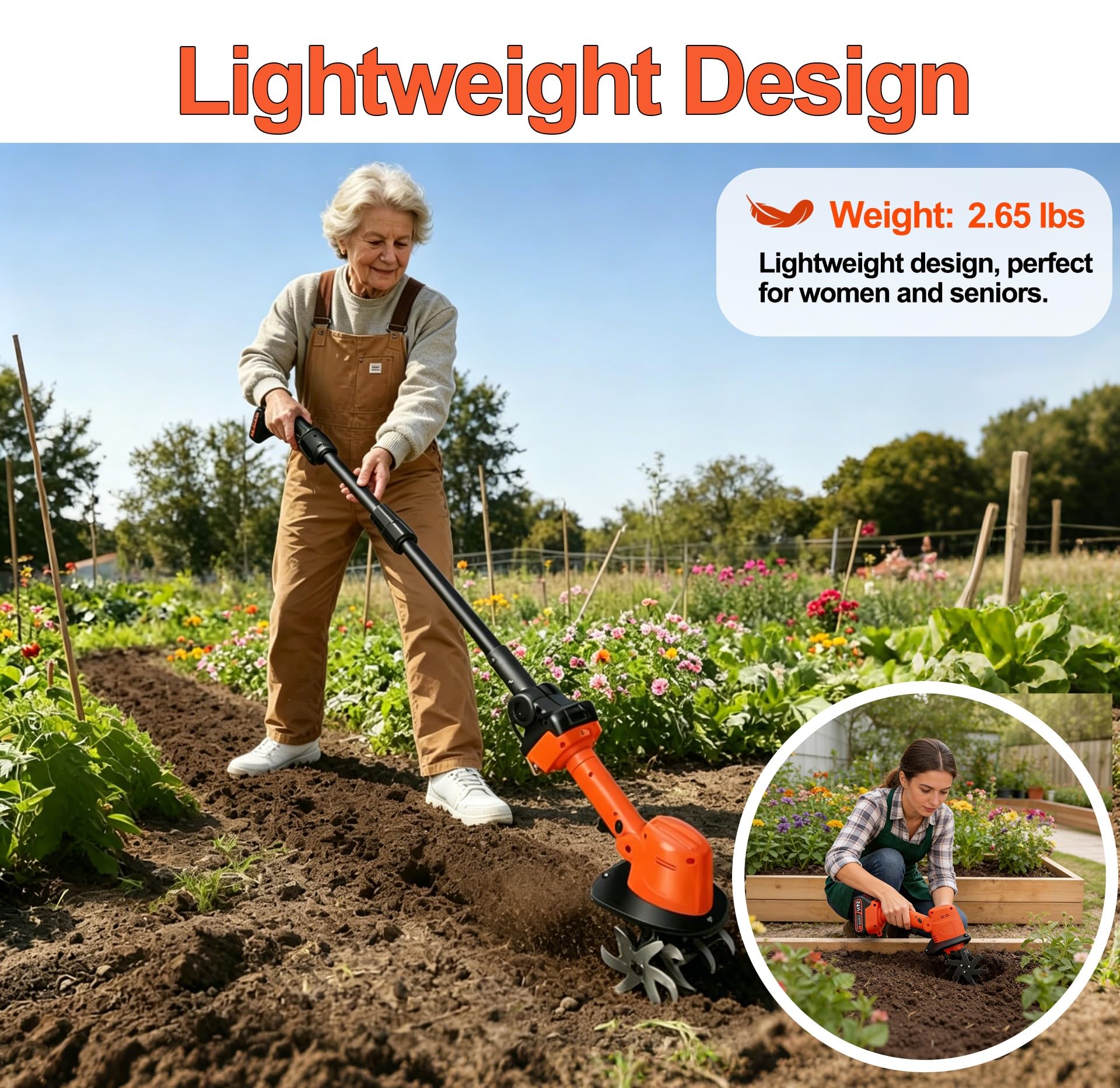 Zappatrice a Batteria 24V, Motocoltivatore Elettrico con Asta Estensibile – Rotavatore a Batteria con 4 Lame, 235 giri, 2 Batterie 10cm Larghezza/Profondità – Motozappa per Orto e Giardino