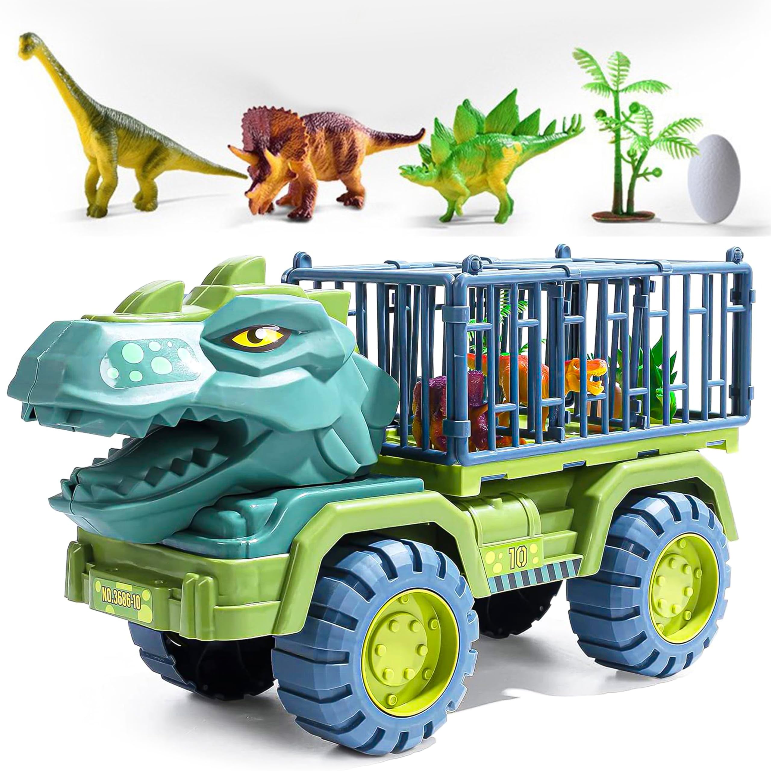 Bambibo Tyrannosaurus Dino Truck With Dinosaur Trailer - 7 In 1, Dinosaur Truck Toy For Toys | Dinosaur Transporter Truck Toy | Dinosaur Trucks For Kids | Green Dinosaur Monster Truck