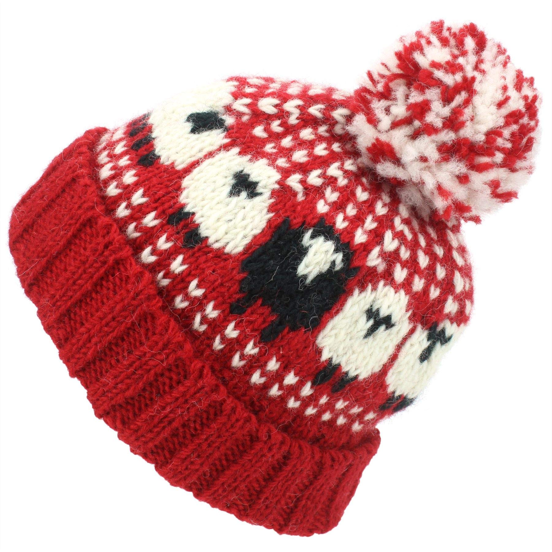 LOUDelephant Wool Knit Bobble Beanie Hat - Sheep - Red White
