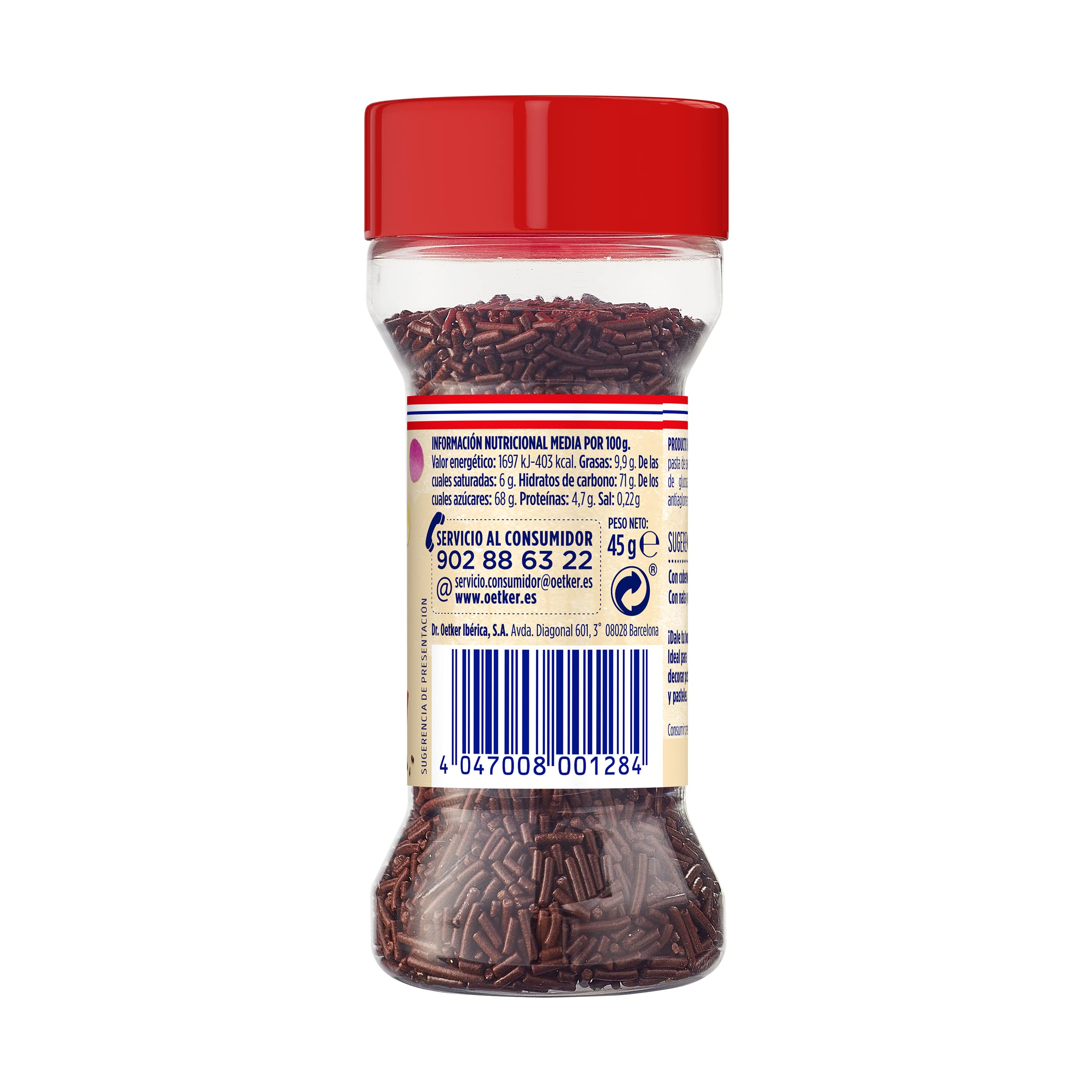DR. OETKER - Fideos de Chocolate 45 g, Ideal para Decoración de Repostería y Pastelería, Sabor Chocolate Negro, Textura Crujiente, Formato Dispensador