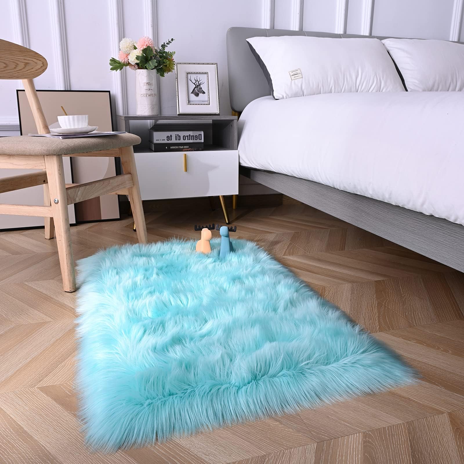 Ultra Soft Rug Faux Sheepskin Fur Area Rug, Teal Blue Fluffy Shag Rug for Girls Bedroom Bedside Floor Carpets, Fuzzy Plush Rugs for Sofa Living Room Indoor Home Decor, 2x3 Feet