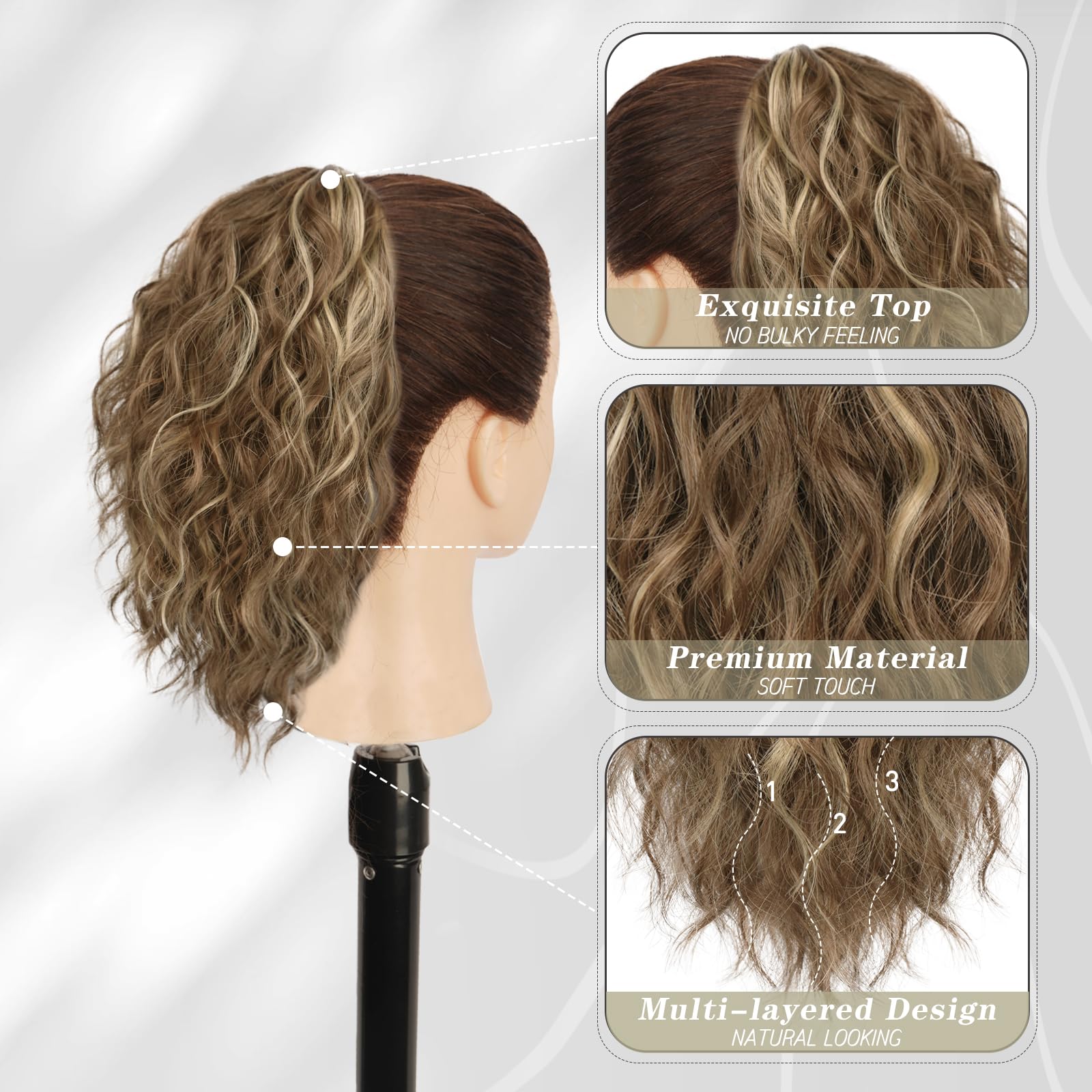 BARSDAR Kurzes Pferdeschwanz Verlängerung 30CM Klauen Clip Wellige Pferdeschwanz Haare Extension Multi Layered Synthetik Clip Pferdeschwanz Haarteil für Damen Mädchen (Braun & Blond)