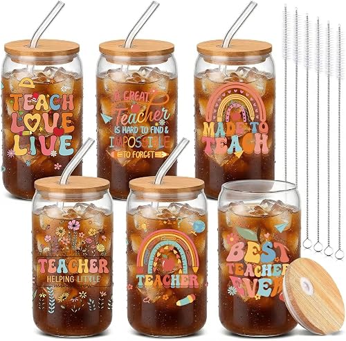 Shejdart Teacher Appreciation Gifts Cups - 6 Pcs 16 oz Glass Tumbler Gifts for Teacher Appreciation Week Back to School Birthday Christmas Thankyou Present