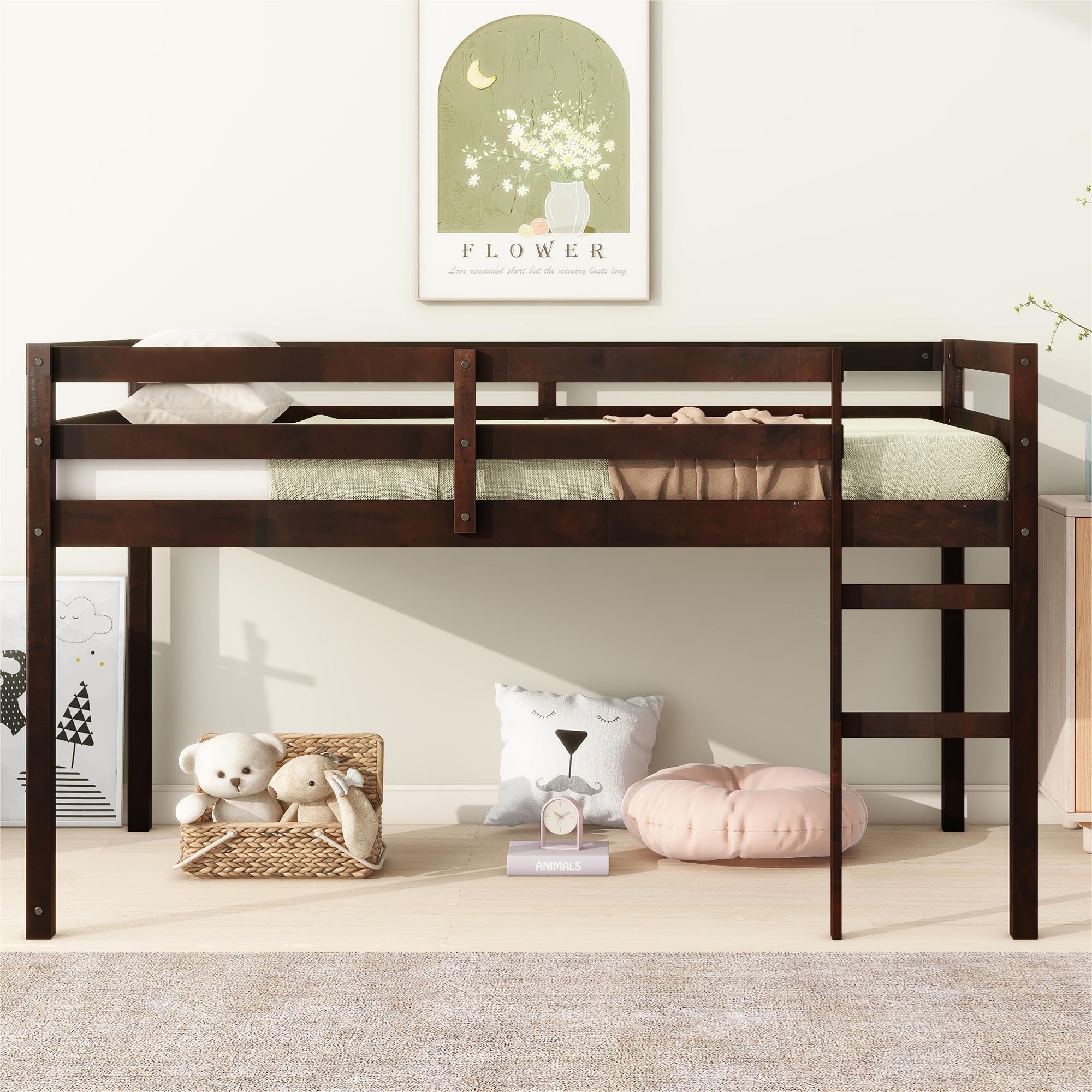 Nahenduo Low Loft Bed Twin Size in Espresso finish