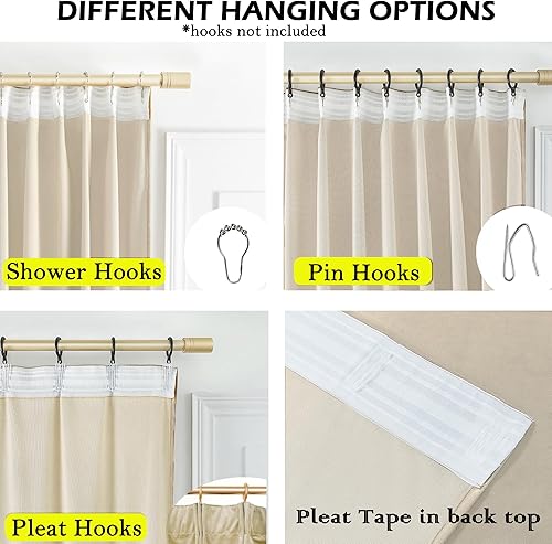 Miniatura 3 de Timeper 2 paneles de cortinas plisadas color beige crema de terciopelo con pestaña trasera, 52 pulgadas de ancho x 90 pulgadas de largo