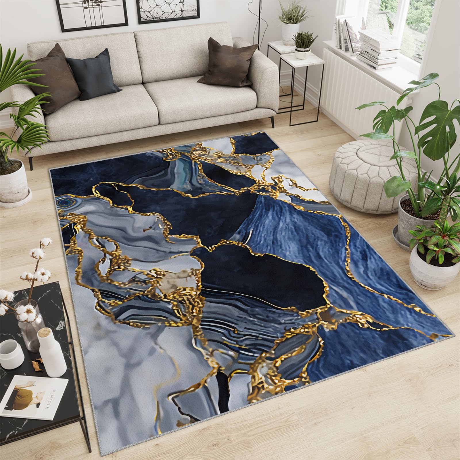 QDJKBL Washable Rug 150 X 200 Cm Luxurious Navy Blue Marble, Gold Plated Curved Crack Lines Lounge Rug, Non-Slip Mat Soft and Comfortable for Home Decor