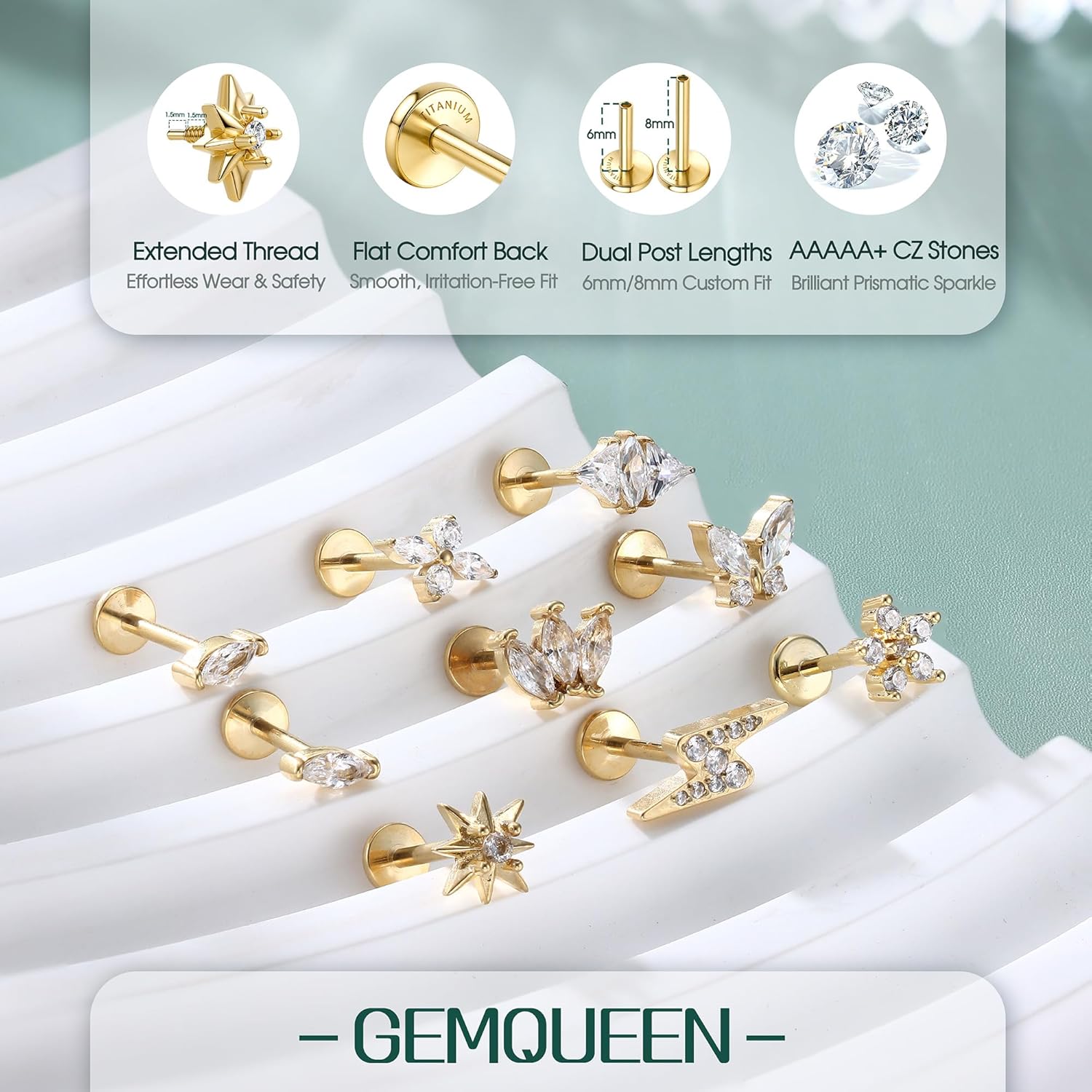 G23 Implant Grade Titanium 18G Internally Threaded Flat Back Earrings 5A CZ Studs: 14K Gold Hypoallergenic 3 Pcs Tragus Cartilage Conch Helix Piercing Jewelry for Sensitive Ears Women Men - Image 5