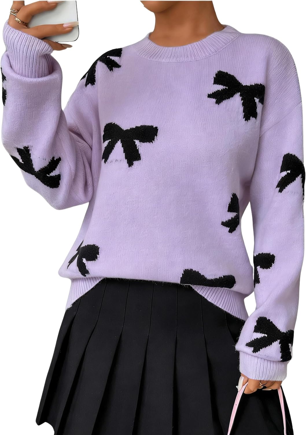 Bow Sweater Women Long Sleeve Crewneck Cute Sweaters Casual Vintage Sweater with Bow Winter Oversized Sweaters