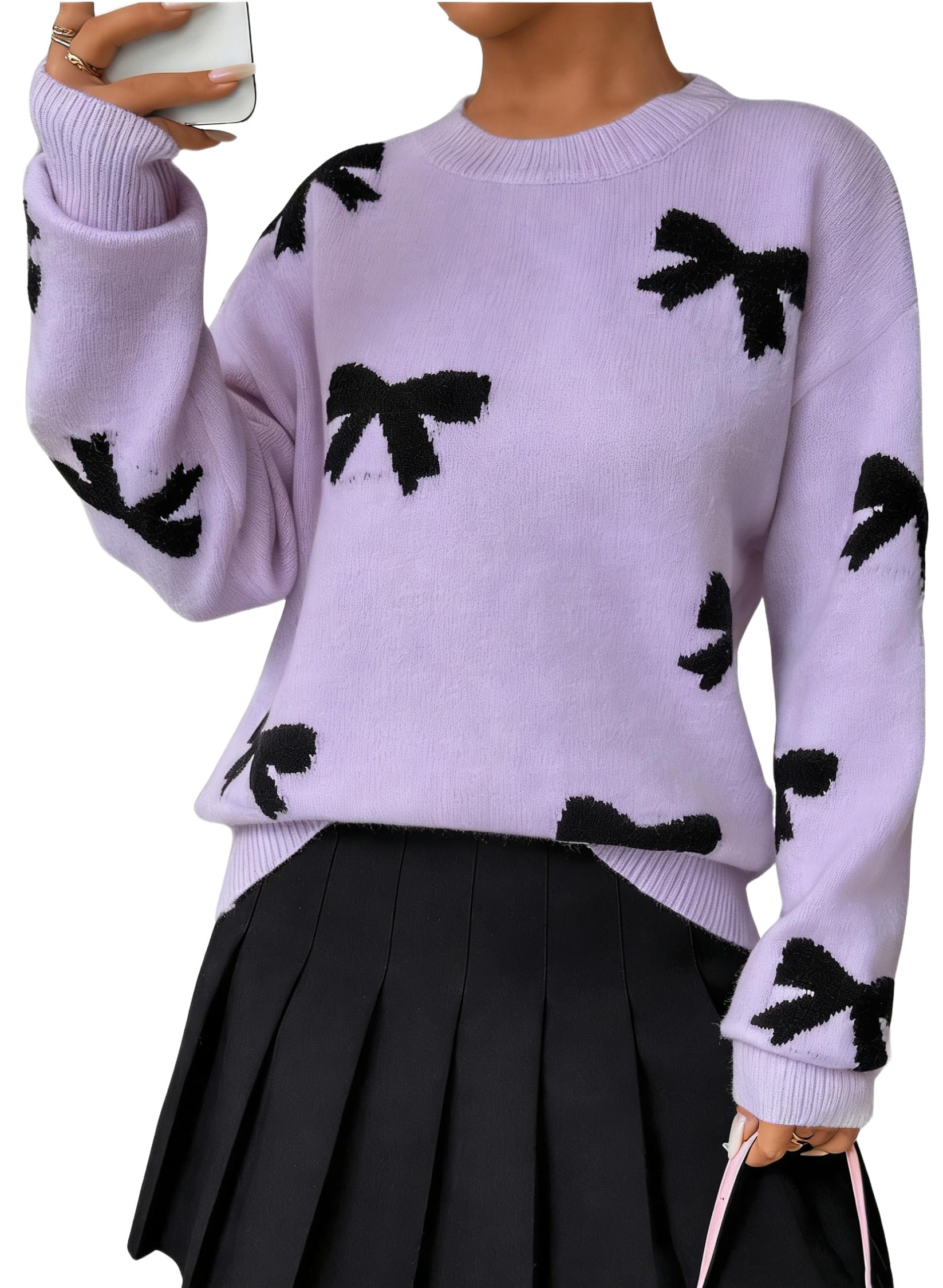 Bow Sweater Women Long Sleeve Crewneck Cute Sweaters Casual Vintage Sweater with Bow Winter Oversized Sweaters