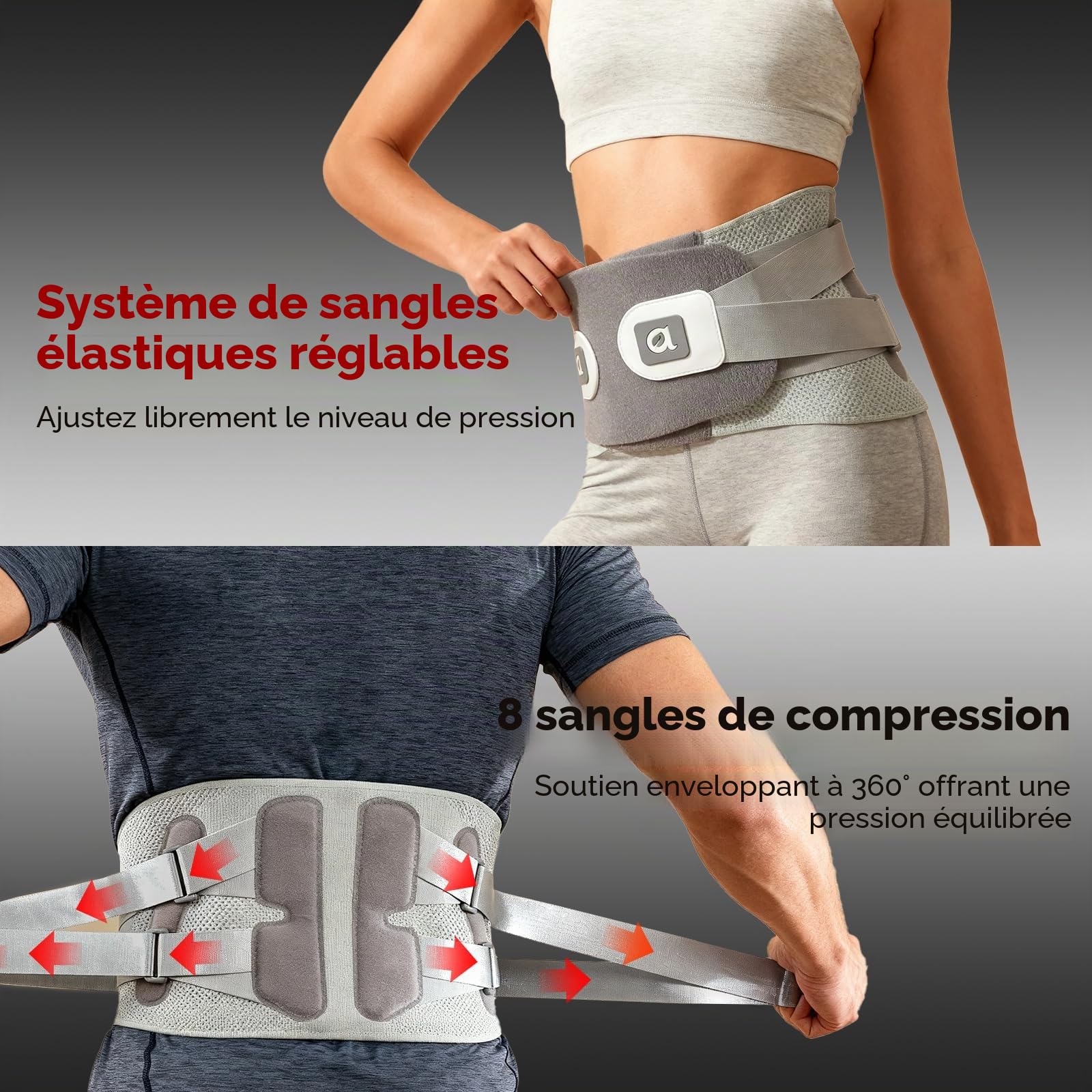 arboleaf Ceinture Lombaire Chauffante, 3 Températures (40/50/60°C) | Ceinture de Soutien Lombaire, 8 Bandes de Pression et Système 4D Avancé, Conception Respirante - Taille XXL (100-115cm)