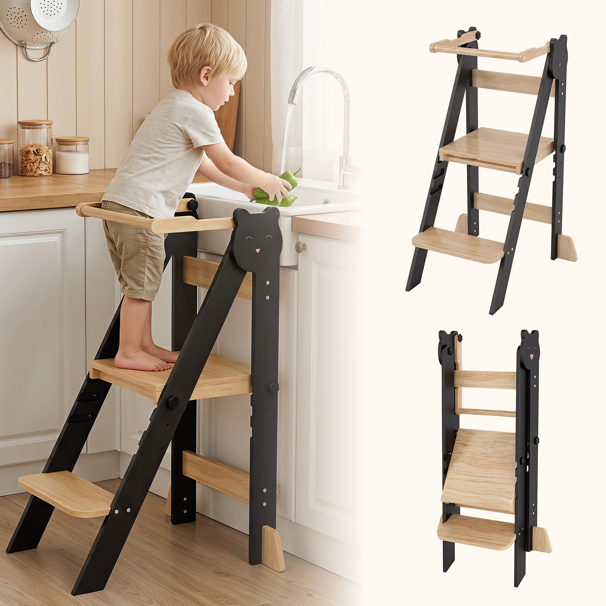 Freelawn Lernturm klappbar, 3-Fach höhenverstellbar, Schwarz | Kiefernholz Lernturm Kinder, platzsparend klappbar, höhenverstellbar für Küche, Montessori Lernen und Alltag